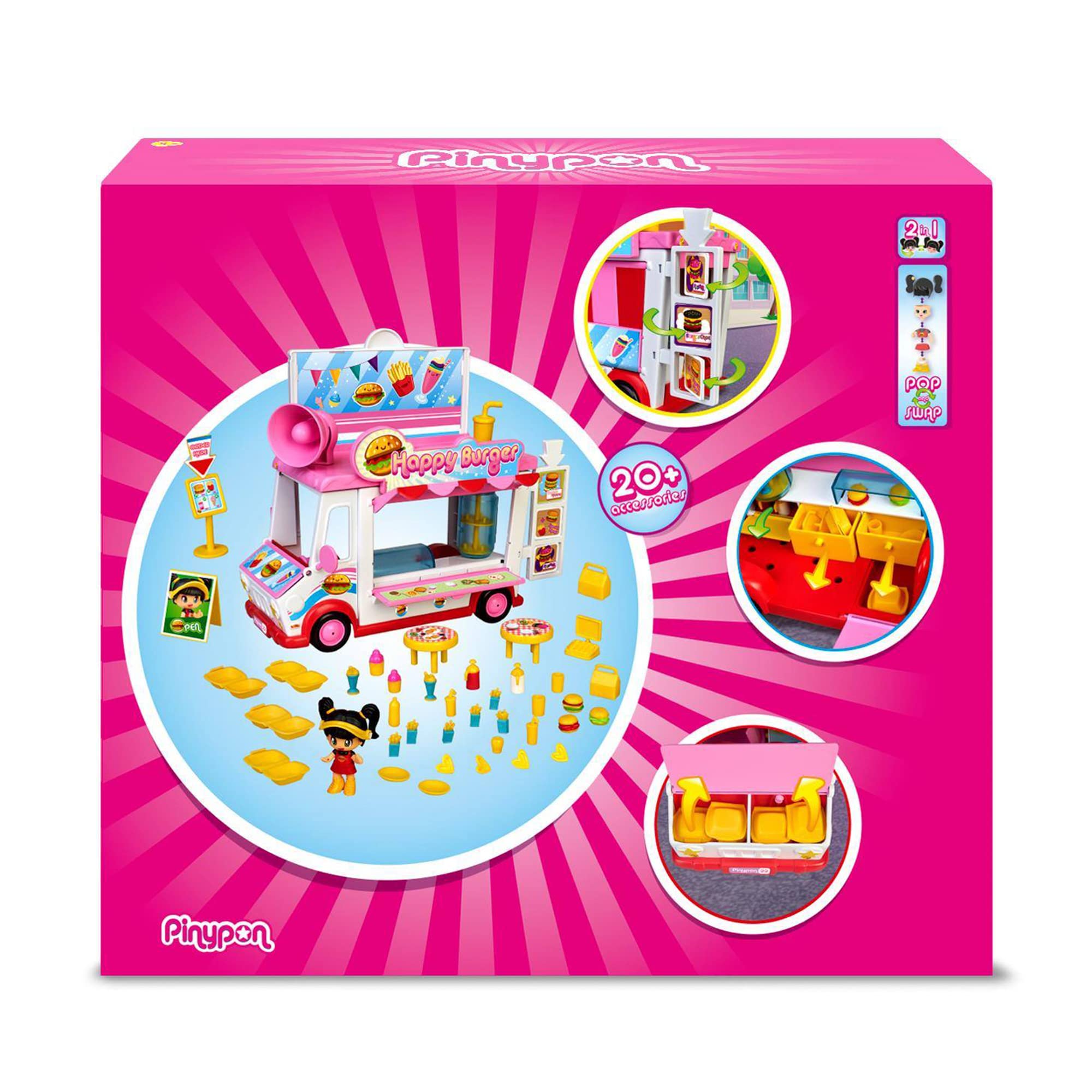 Pinypon - Happy Burger, playset Restaurante Food Truck Hamburguesas, Juguete con Posibilidades de Juego, 1 muñeco, Accesorios, y Compartimento para guardarlos, Desde 4 años, Famosa (700017210)