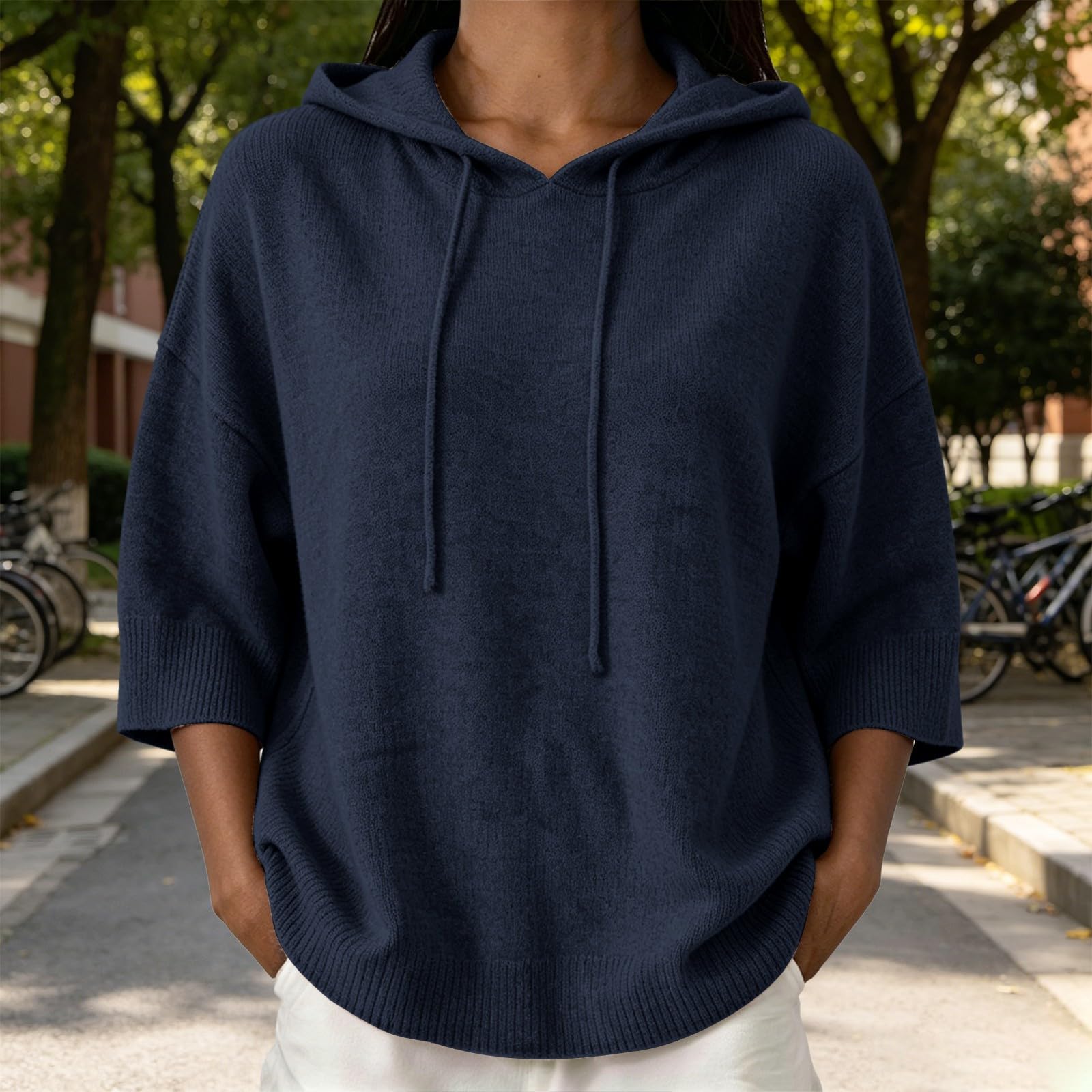 Generisch Sweat à capuche surdimensionné pour femme - Pull d'hiver décontracté à manches longues - Manches 3/4 - Avec capuche - Couleur unie - Mode - Respirant - Pour leggings