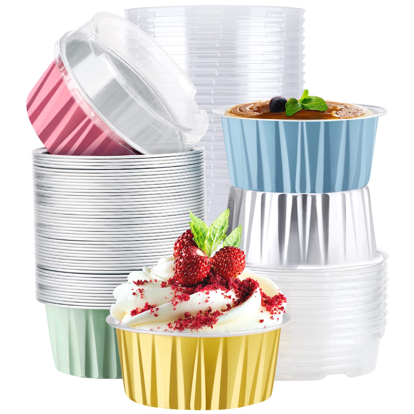 EUSOARCupcake Cups with Lids, Pack of 50 5oz Assorted Colors Muffin Liners, Disposable Aluminum Foil Cupcake Baking Cups Ramekins, Dessert Containers, Aluminum Foil Cupcake Holders Pans with Lids