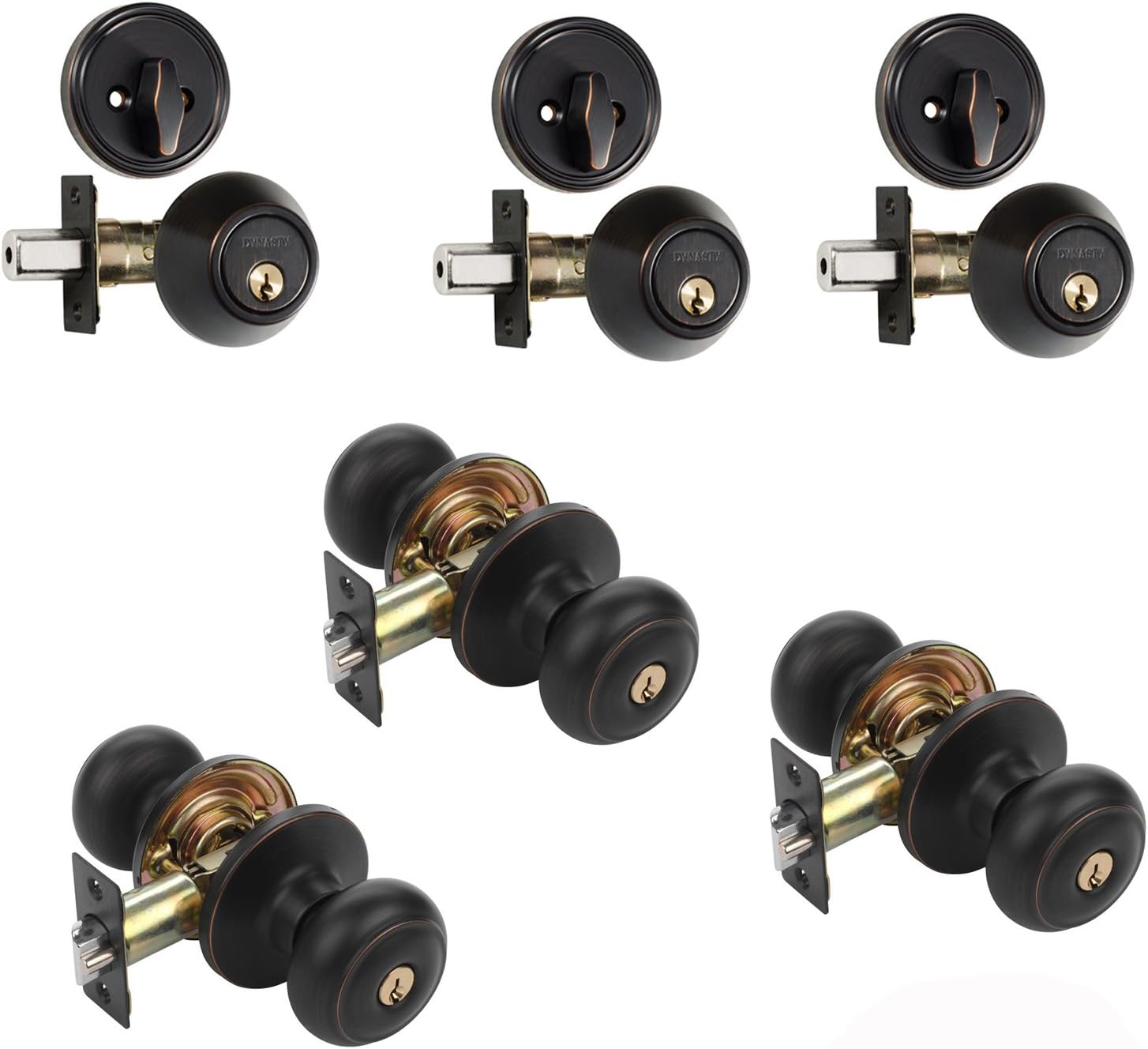 New Arrivals Dynasty Sierra Keyed Entry Door Knob Lockset and Single Cylinder Deadbolt Combination Set, Aged Oil Rubbed Bronze (3 Pack) Keyed Alike