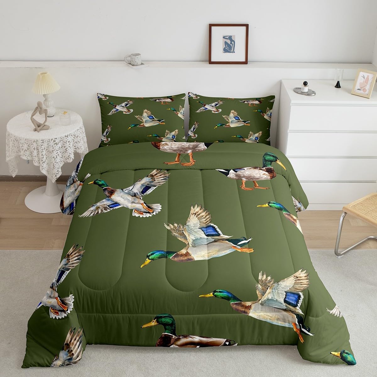 jejeloiu Cute Mallard Duck Comforter Set Twin Size Kids Wild Duck Hunting Comforter for Boys Teens Hunting and Fishing 3D Wild Animal Bedding Set Green Duvet Set Room Decor Quilt Set - Image 2