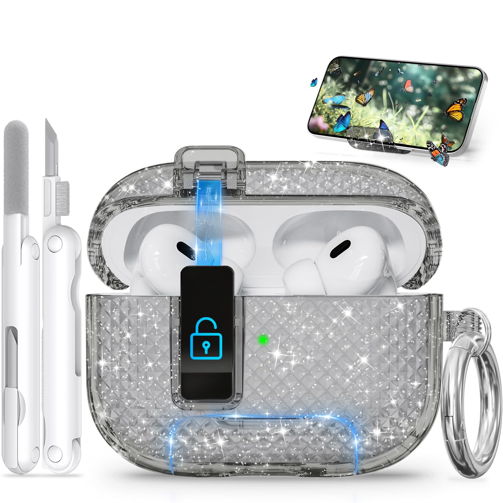Ekoonpft for AirPods Pro 2 Case with Phone Stand &amp; Secure Lock, Auto-Open Clear Cover Compatible with Apple AirPods Pro 2nd/1st Gen (2023,2022,2019) with Cleaning Kit &amp; Keychain (Shine-Clear Black)