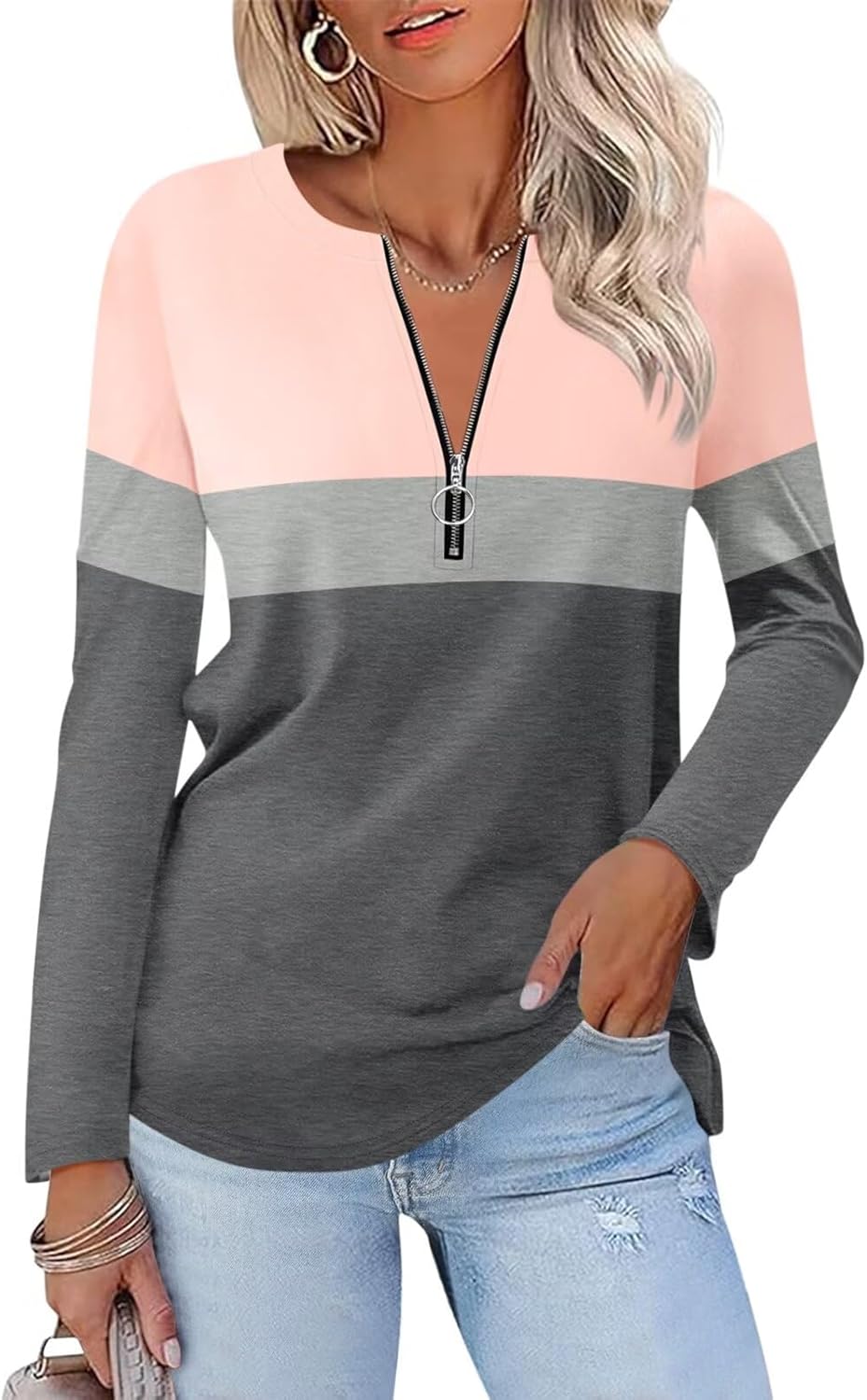 ORANDESIGNE Women’s Long Sleeve Shirts Color Block Zipper Tops Tunics Casual Fall Ladies Tees