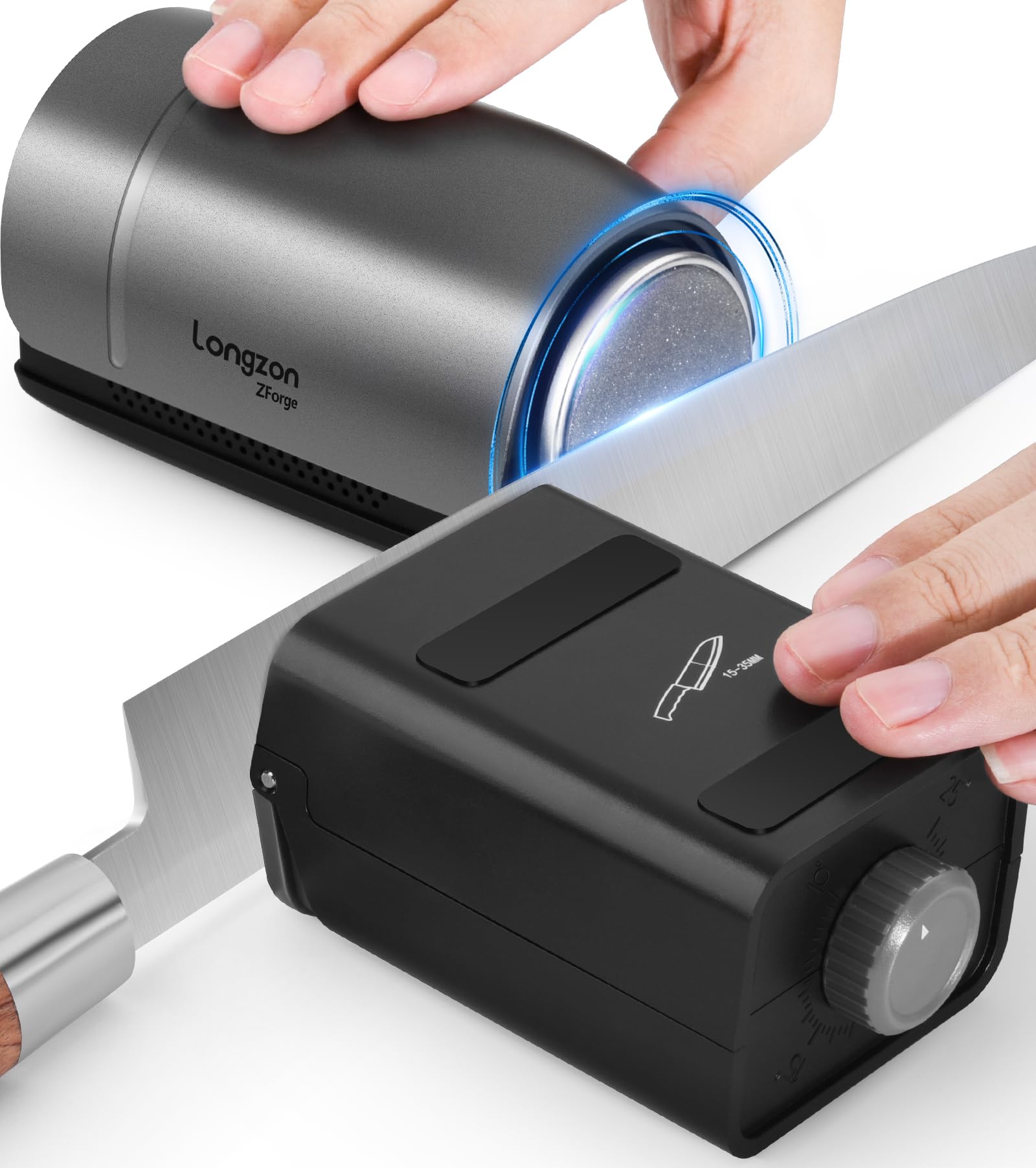 Longzon ZForge Electric Rolling Knife Sharpener Adjustable 10°–25° Angles, Easy Sharpening, Professional Kitchen Knife Sharpener Kit with Diamonds Discs for All Kitchen Knife Sets