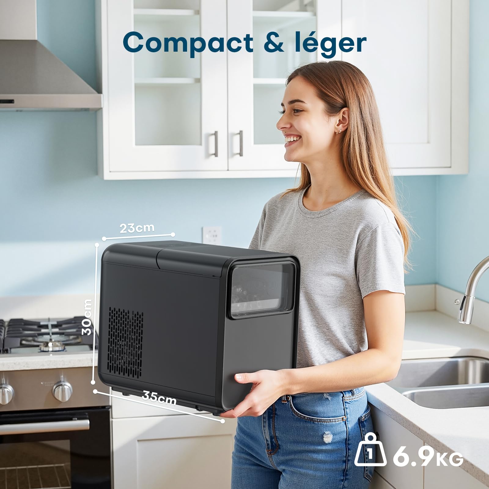 QEXREED Macchina del ghiaccio da banco, 9 cubetti in 6 min, 12 kg/24h, autopulente, macchina ghiaccio casa con paletta e cestello, per cucina, ufficio, camper, aperitivi e serate tra amici