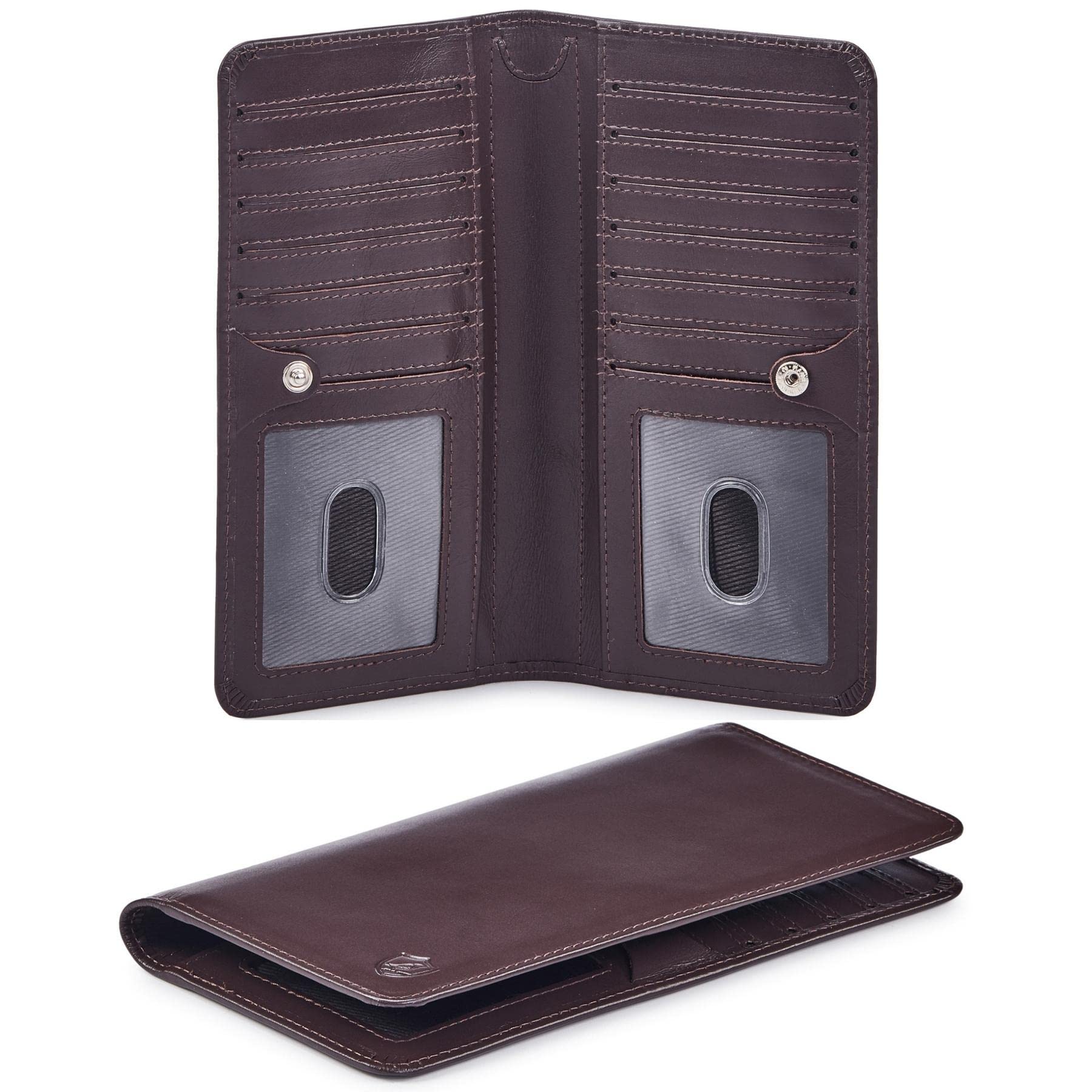 Wallet for Men Women Real Leather Long Bifold RFID Blocking Slim Stylish Credit Card Case Pen Holder with 2 ID Windows in Gift Box (Nappa, Chocolate)