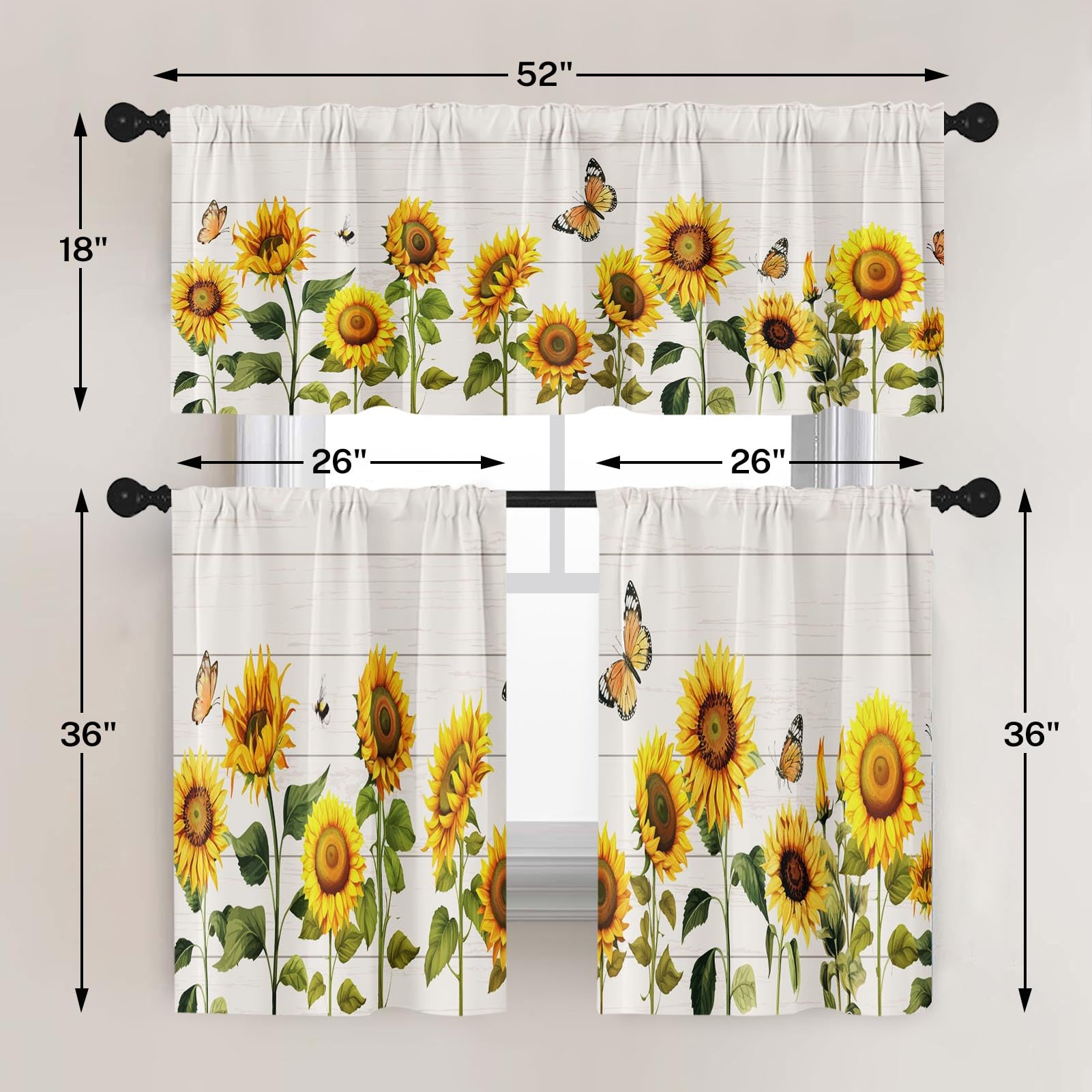 Emvency Sunflower Kitchen Window Curtains Valance and Tier Set 36 Inch, Spring Butterfly Summer 3 Piece Set Short Curtains for Window Treatment Tiers for Living Room Bedroom