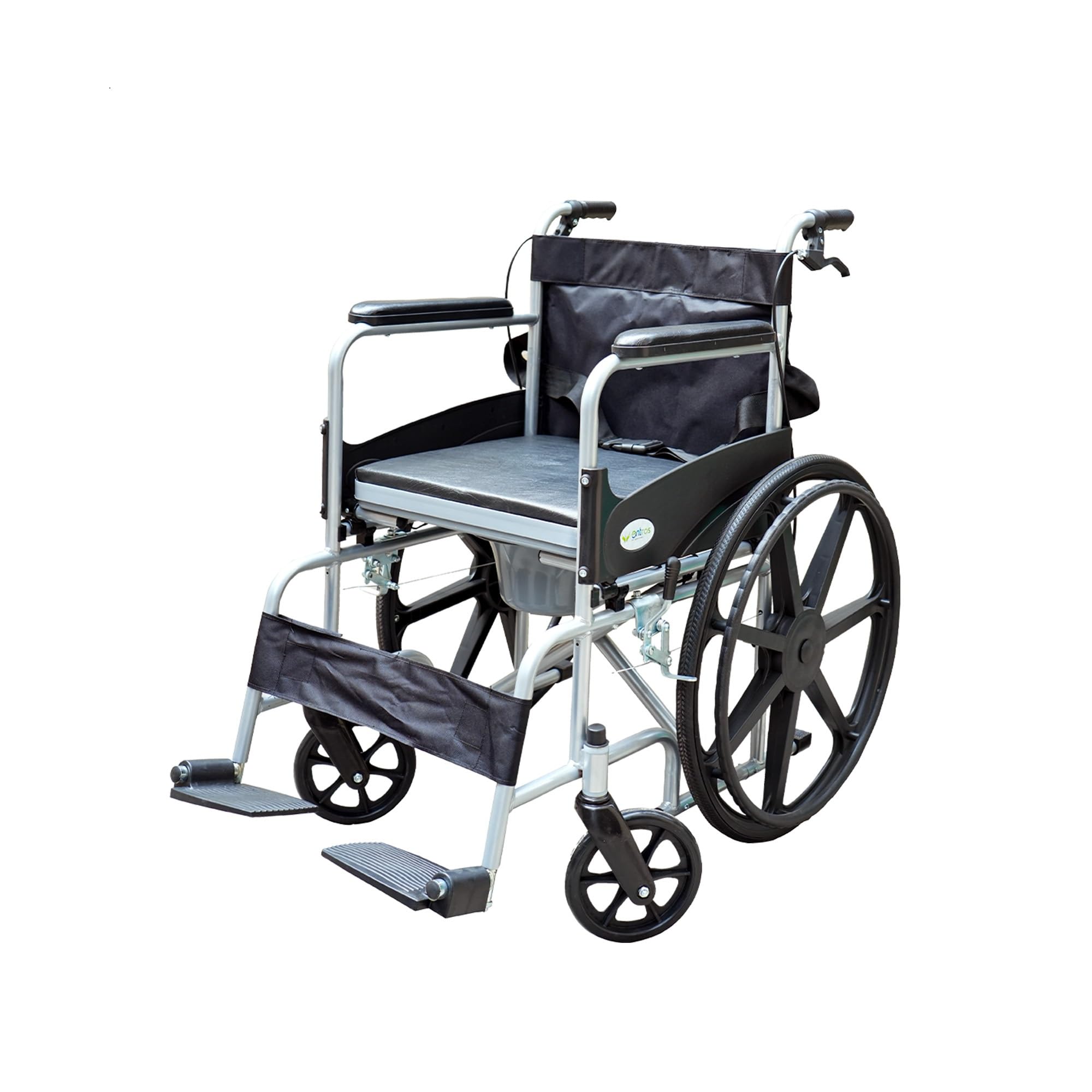 Entros Foldable Premium Mag wheel Commode Wheelchair with Attendant Brake | Detachable Cushion Seat & Toilet Bucket | Ideal Wheelchair for Old People & Patients, Metallic Silver Finish-8005S-image-31