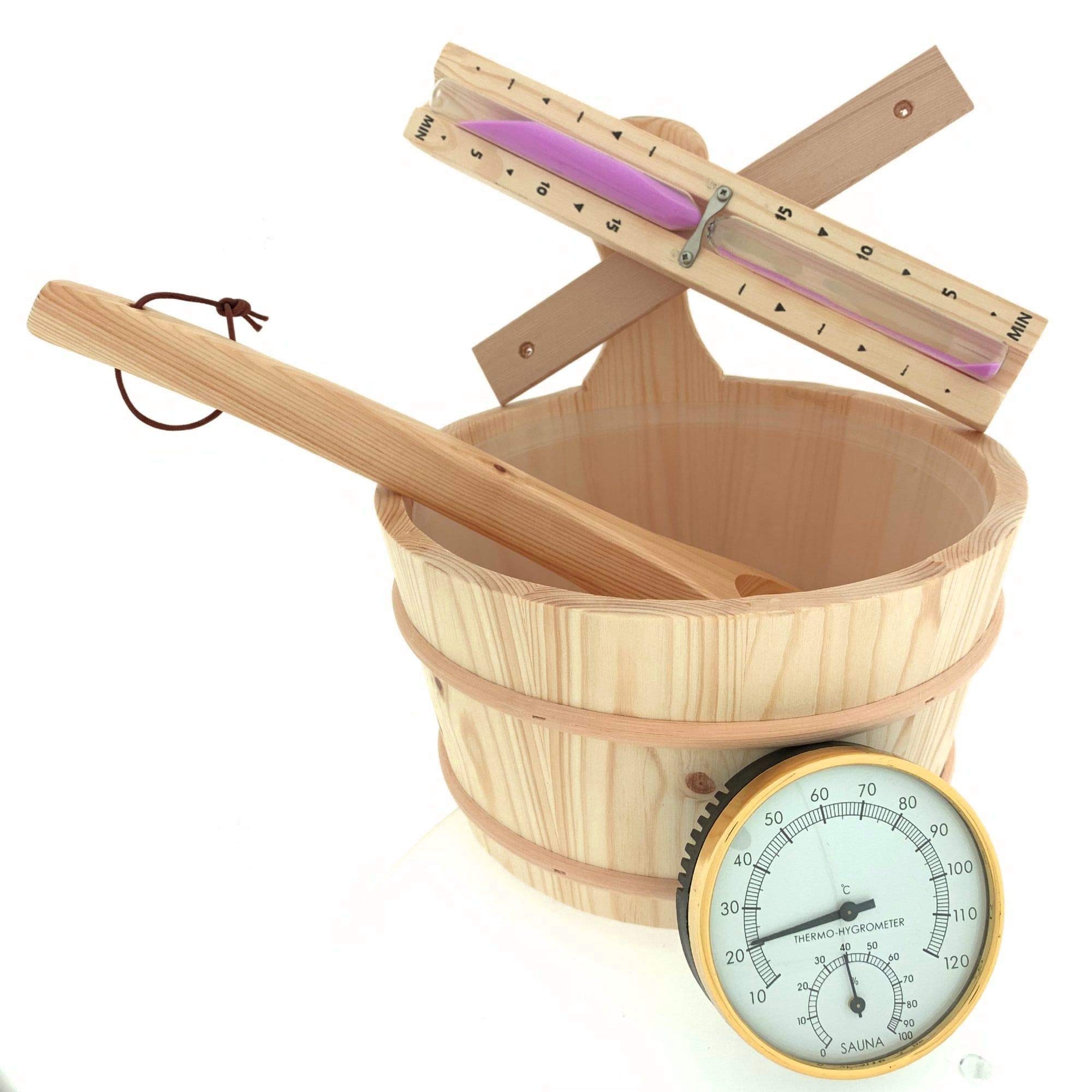 Dewello Sauna Zubehör Set (Aufgusskübel, Saunakelle, Thermo/Hygrometer, Sanduhr)