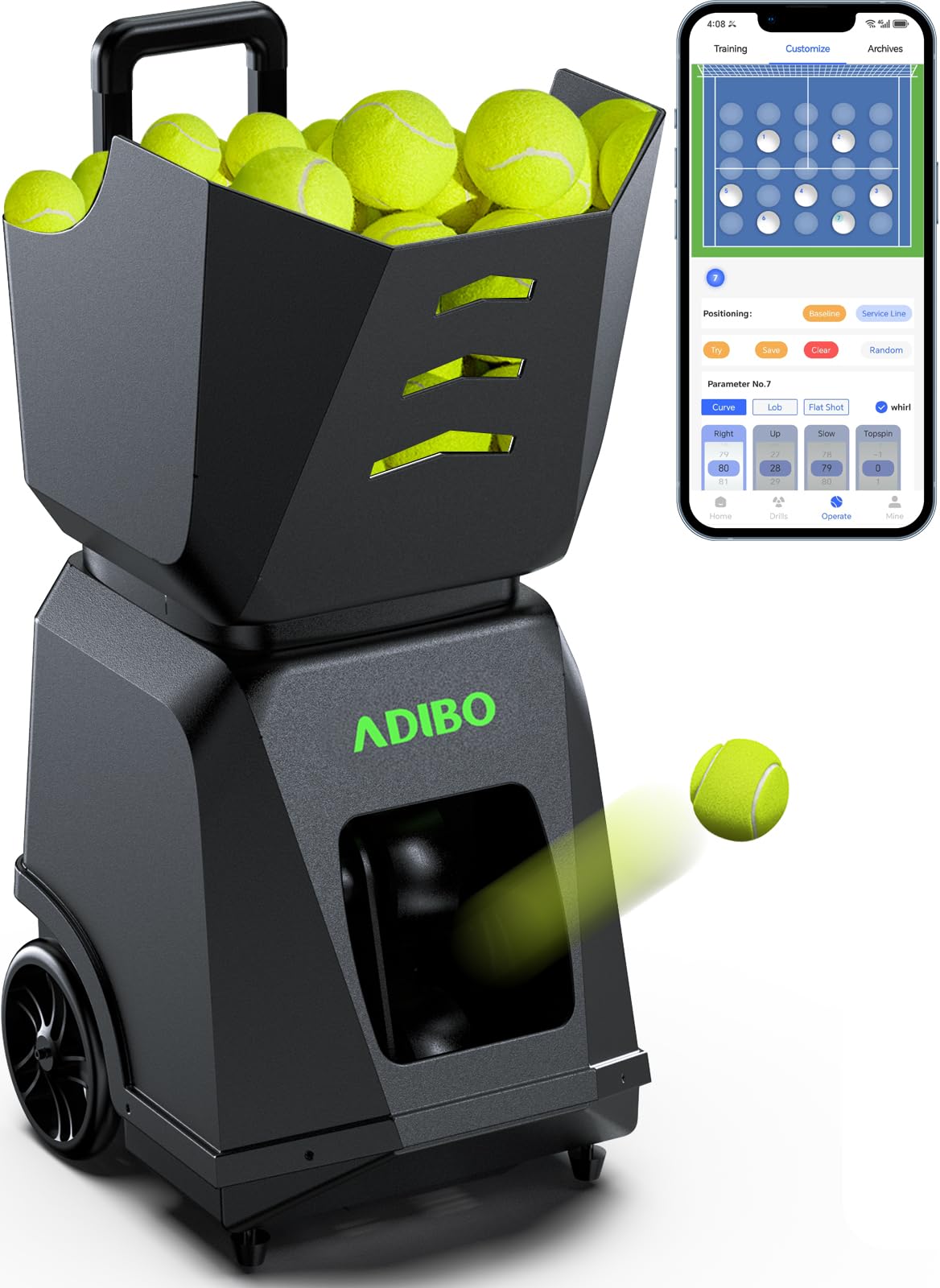 ADIBO Tennis Ball Machine, Dual Motor for Topspin and Backspin, 160-180 Balls, Max 87MPH, Built-in Lithium Battery with 6 Hours of Continuous Operatio (T500)