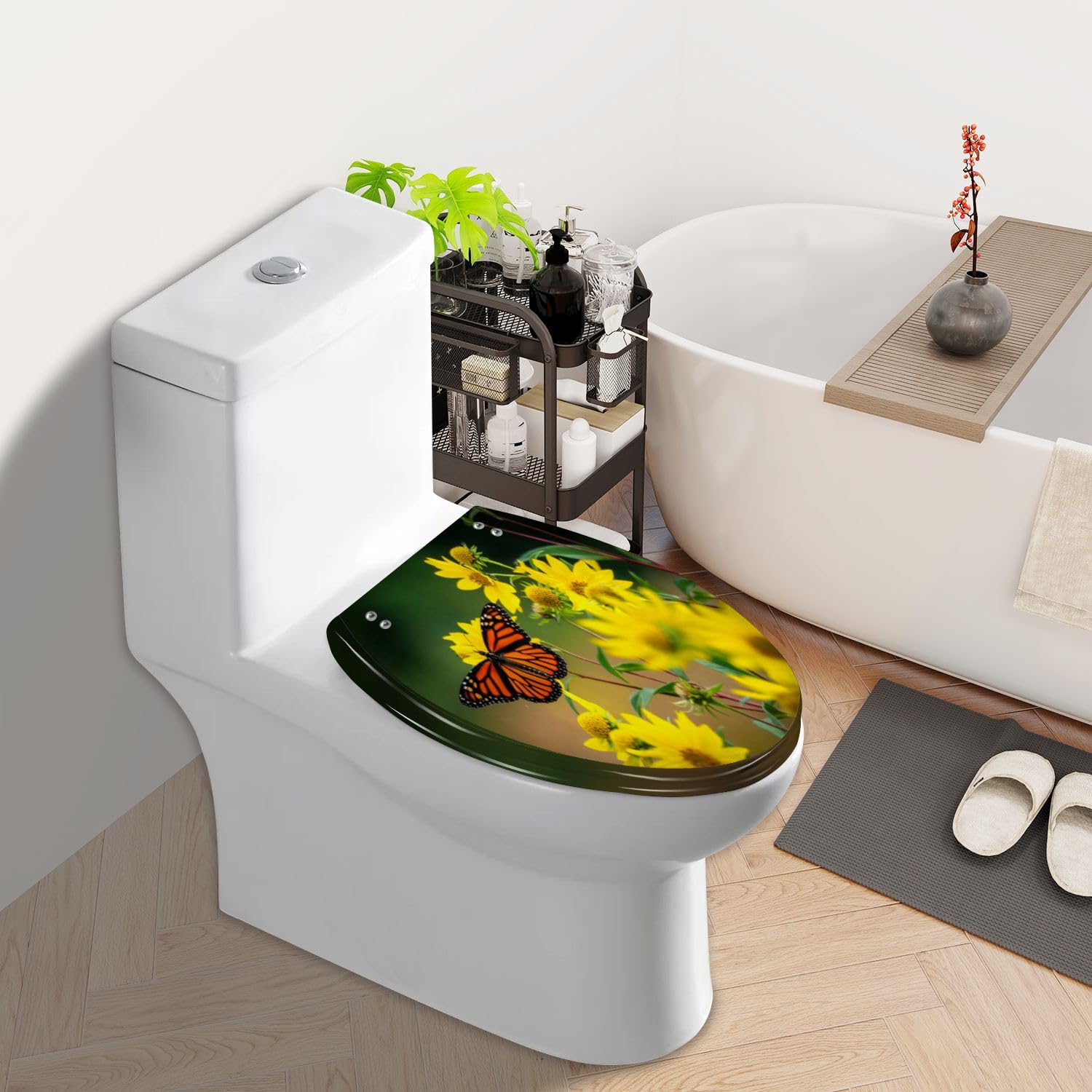 Elongated Toilet Seat yellow sunflowers Resin Toilet Seat Slow Quiet Close Lid with Quick-Release Hinges Cover Bumpers Easy to Clean Install