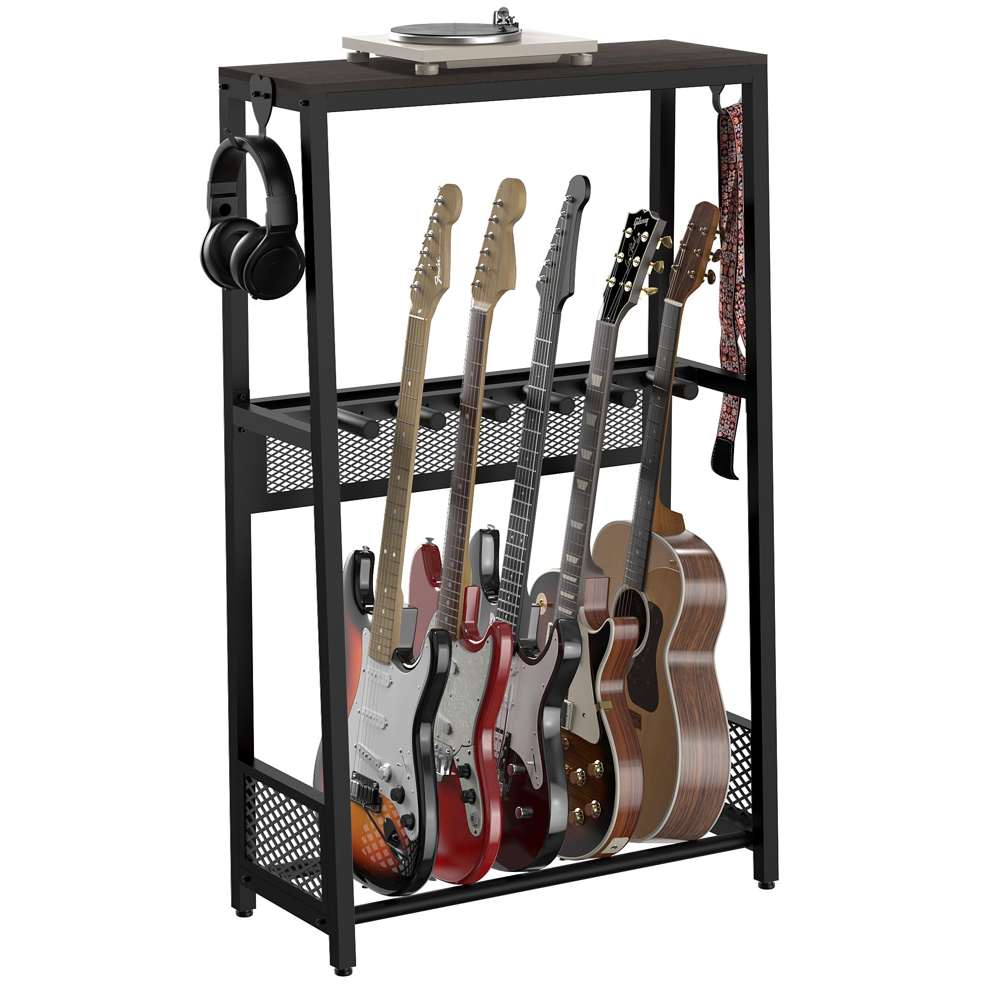 5-Guitar Stand Floor with Wood Storage Shelf, 27.8lbs Heavy Duty Multi-Guitar Rack Holder (1.2mm Steel Tubes), Patented 3-Sided Mesh Shield for Acoustic, Electric &amp; Bass, Premium Studio Furniture