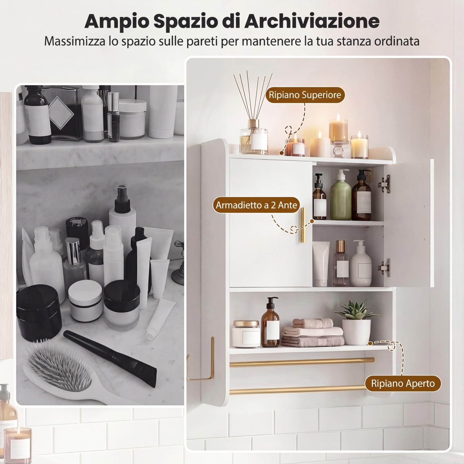 COSTWAY Armadietto Bagno Sospeso, Mobile da Bagno da Parete con Ripiano Regolabile, Scomparto Aperto, 2 Portasciugamani e Gancio Laterale, Pensile Salvaspazio per Cucina, 55 x 20 x 80 cm (Bianco)