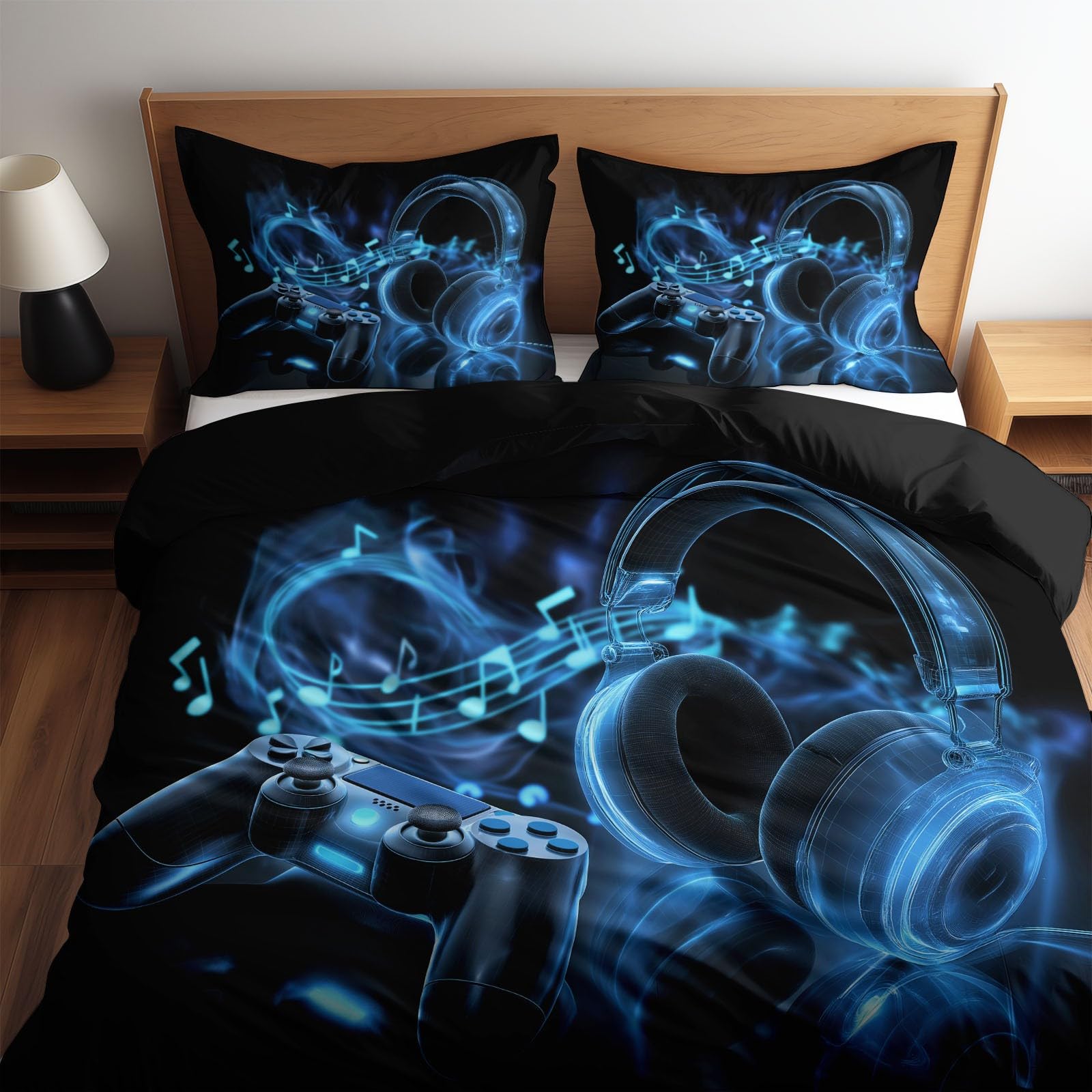 Funda nórdica Gaming Mando E-Sports Auriculares Nota Musical 220 x 240 cm Juego de Cama de 3 Piezas para Cama 135/150 Microfibra Suave Transpirable, con Cremallera para Chicos Adolescentes Negro