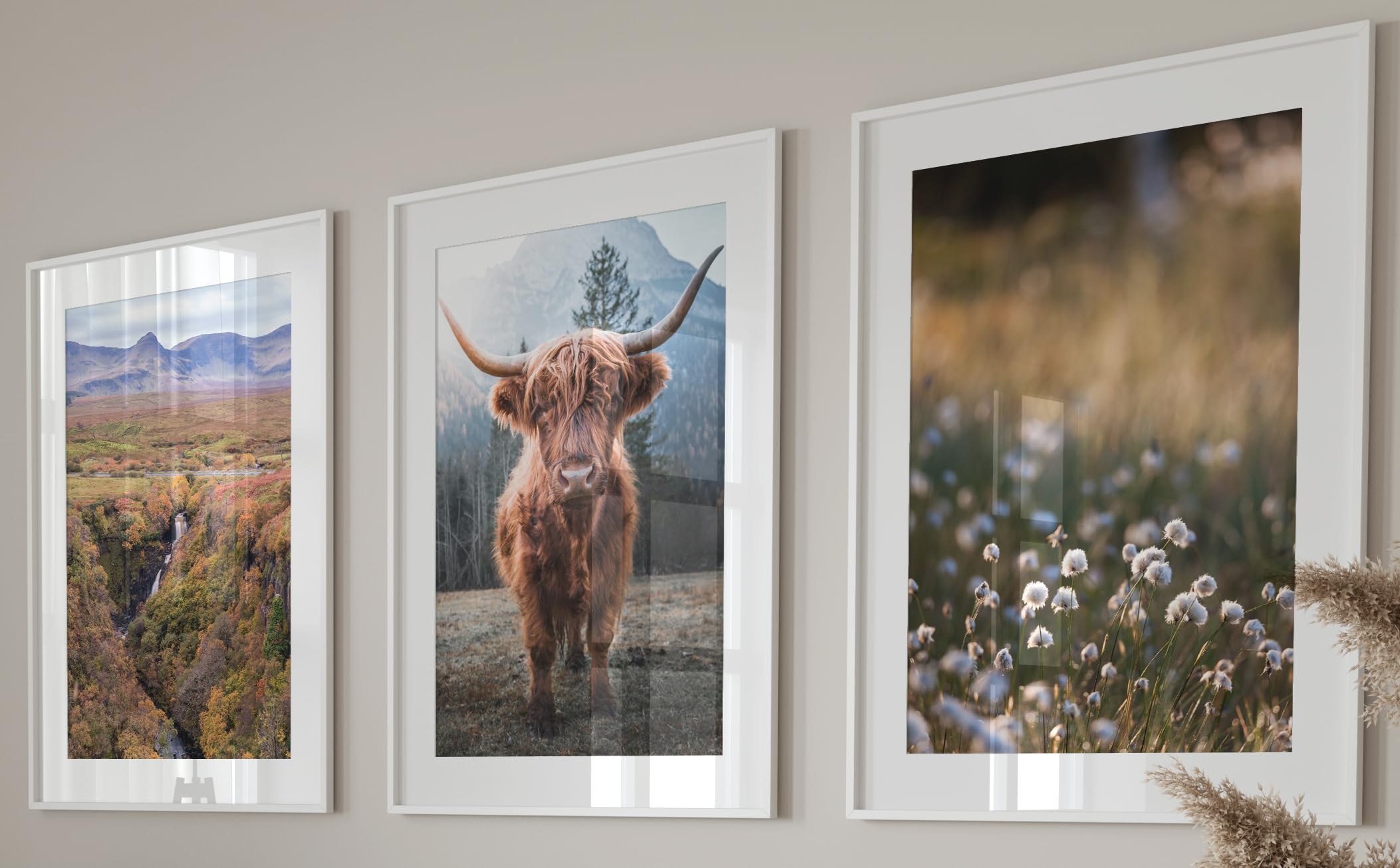 Eviepops PrintsHighland Cow Set of 3 Unframed Wall Prints, Scottish Natural Landscape, Living Room Bedroom Home Décor, Waterfall, Horned Cow, Cottongrass, Mountains, Scotland, Trees (A3)