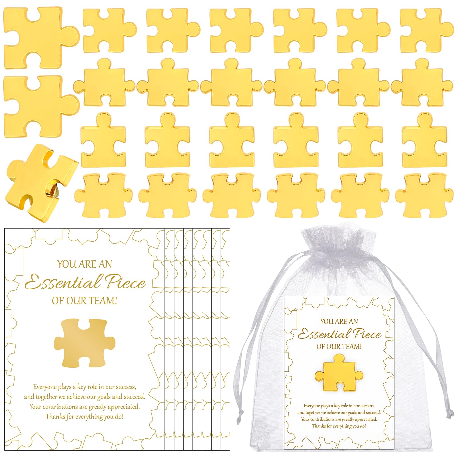 24/48 Sets Staff Appreciation Small Gifts Bulk - Puzzle Piece Lapel Pins Thank You Cards Organza Bags,Employee of the Month Associate Recognition Holiday Gifts for Teacher Nurse Team (24)