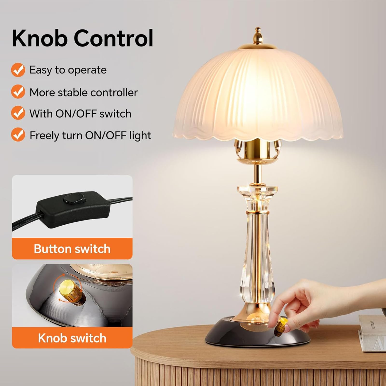 Lampa Stołowa LED, Lampa Biurkowa Do Sypialni Z Kloszem Z Białego, Matowego Szkła I Kryształową Kolumną, Ściemniana Lampka Nocna Z 3 Regulowanymi Trybami Oświetlenia, Do Biura Gabinetu Salonu