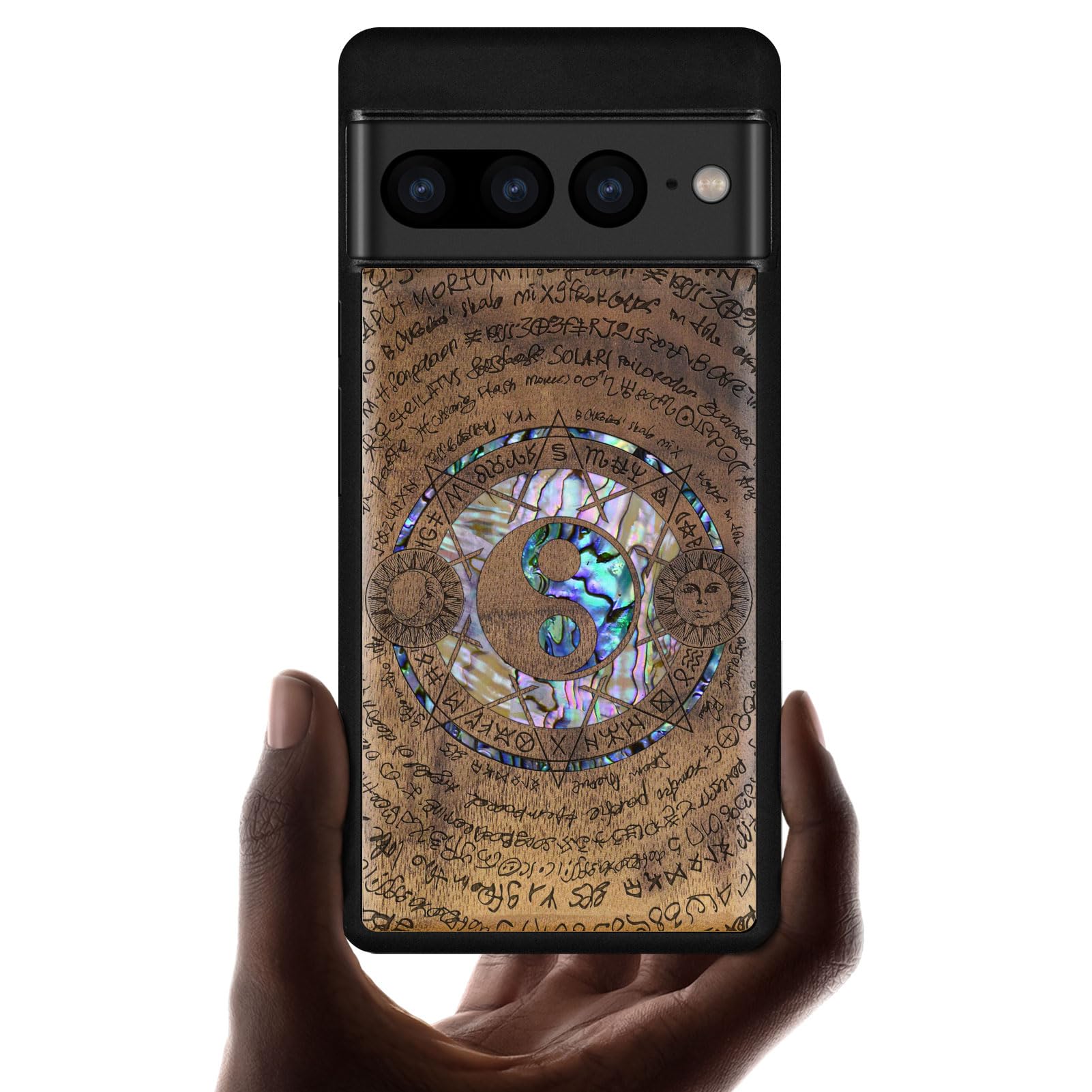 Carveit Designer Wooden Case for Google Pixel 7 Pro Case [Wood Engraving & Shell Inlay] Compatible with Wireless Chargers Pixel 7 Pro (Yin Yang and
