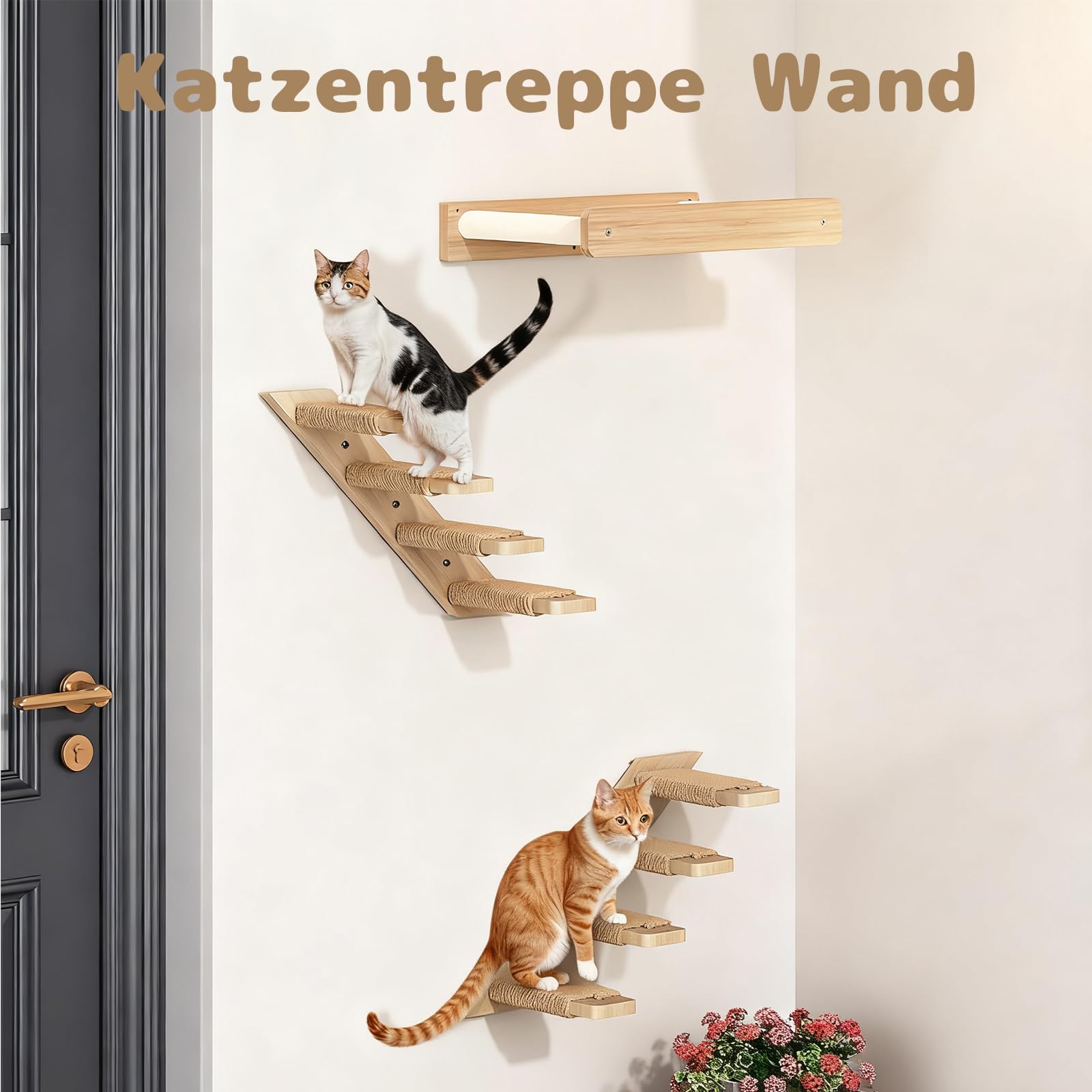 Katzentreppe Wand 4 Stufen Kletterwand für Katzen, DIY Kletterwand Katzen, Katzenleiter Mit Juteseil Wandliege aus Massives Gummiholz für Katze Klettern Spielen, Maximale Tragfähigkeit 15kg