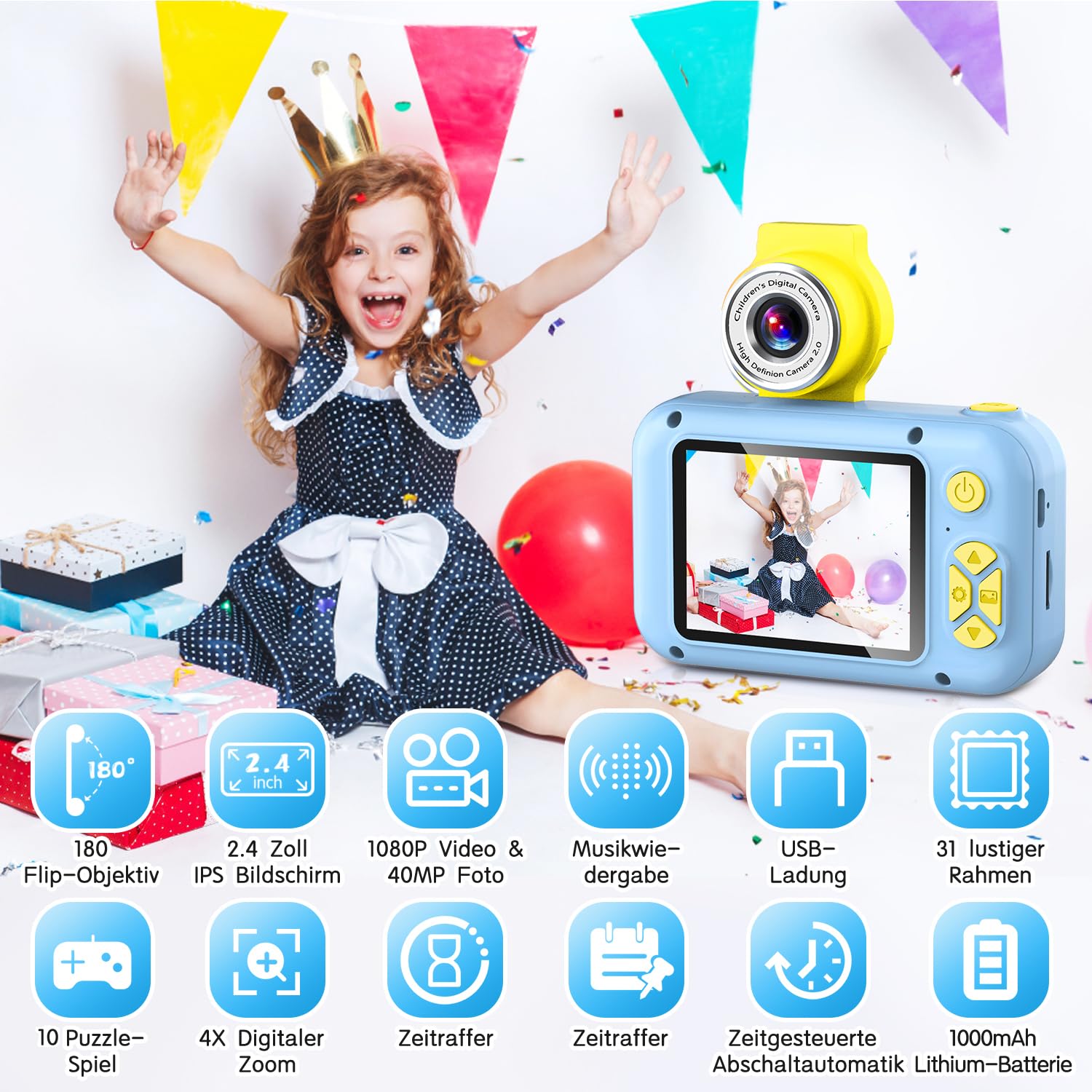 ARNSSIEN Kinderkamera für 3 4 5 6 7 8 9 10 11 12 Jahre alte Mädchen/Jungen, Kinder Kamera mit 180°Flip-Objektiv&2.4in IPS-Bildschirm, Geburtstagsfest-Geschenk-Spielzeug für Mädchen/Jungen,X101