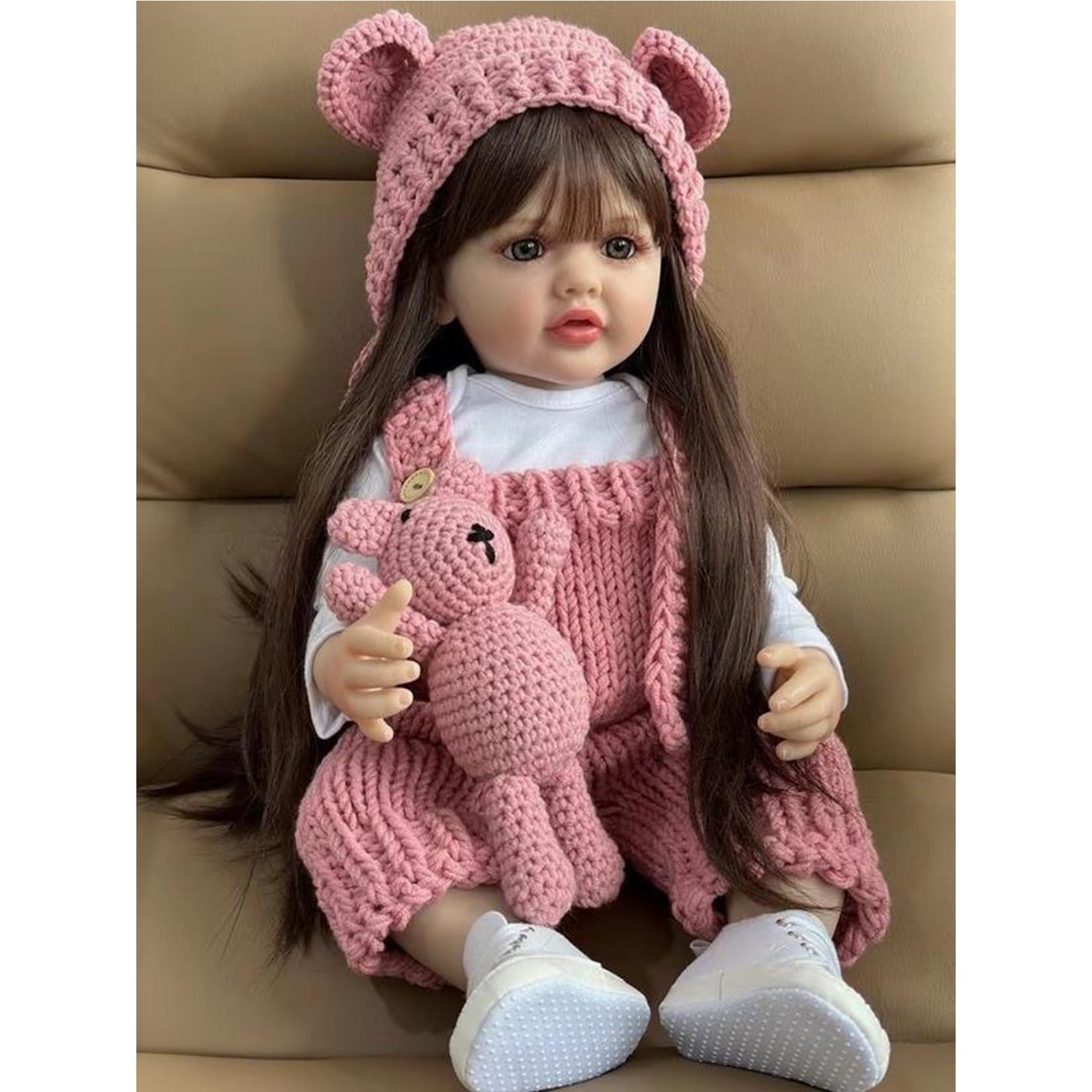 Bambole Reborn 55 cm Corpo Intero in Silicone Vestito Rosa Lavorato a Maglia Capelli Lunghi Castani, Regalo di Natale Bambola Originali Reborn