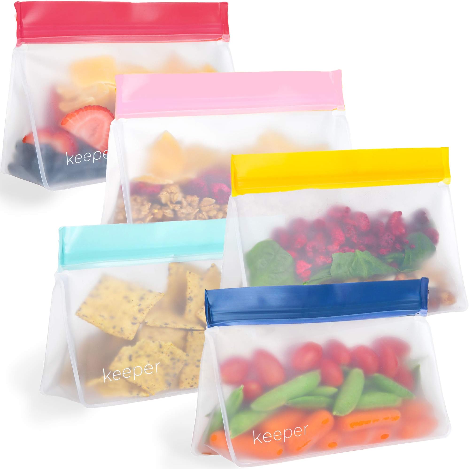 Keeper Reusable Snack Bags (Set of 5, 12 oz) - Reusable Sandwich Bags for Kids Are Resealable Thick Reusable Ziplock Bag For Food, Lunch Storage. Freezer Safe Plastic Lunch Baggies are Hand Washable