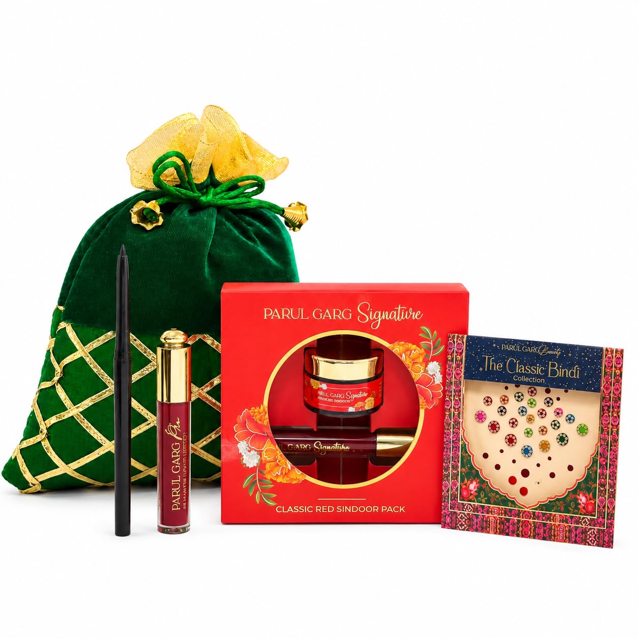 Parul Garg Beauty Teej Shringar Pack | Festive Makeup Gift Set with 1 Silk Matte Liquid Lipstick, Kajal, Signature Sindoor, Utsav Bindi Patta with Green Festive Potli for Women-image-47