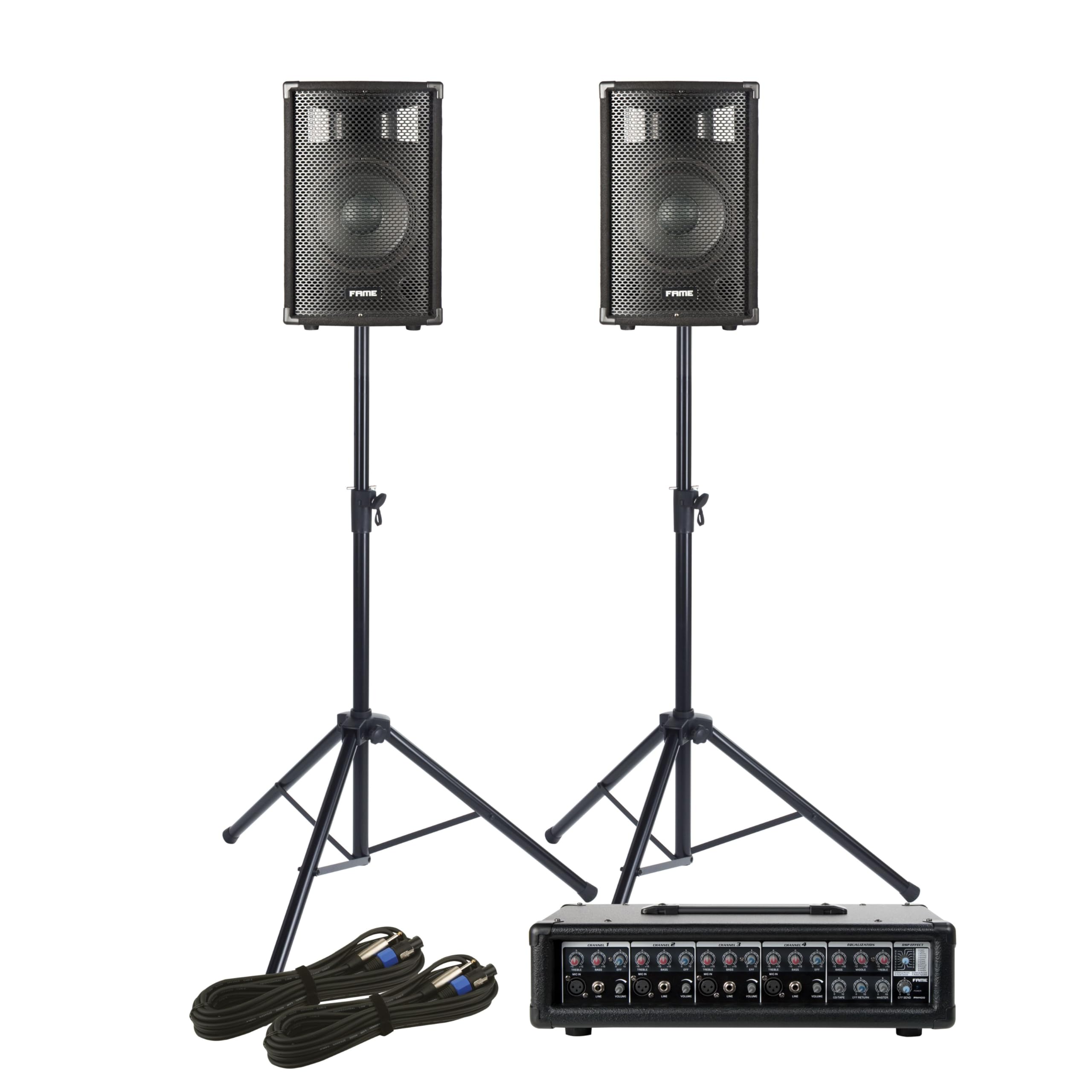 Fame Audio Starter Pack II, Komplettes PA-System, 2X 10 Passive Lautsprecher, Powermixer, 2X Lautsprecherstative, 2X 10m Lautsprecherkabel, Geeignet für Live-Auftritte und Events