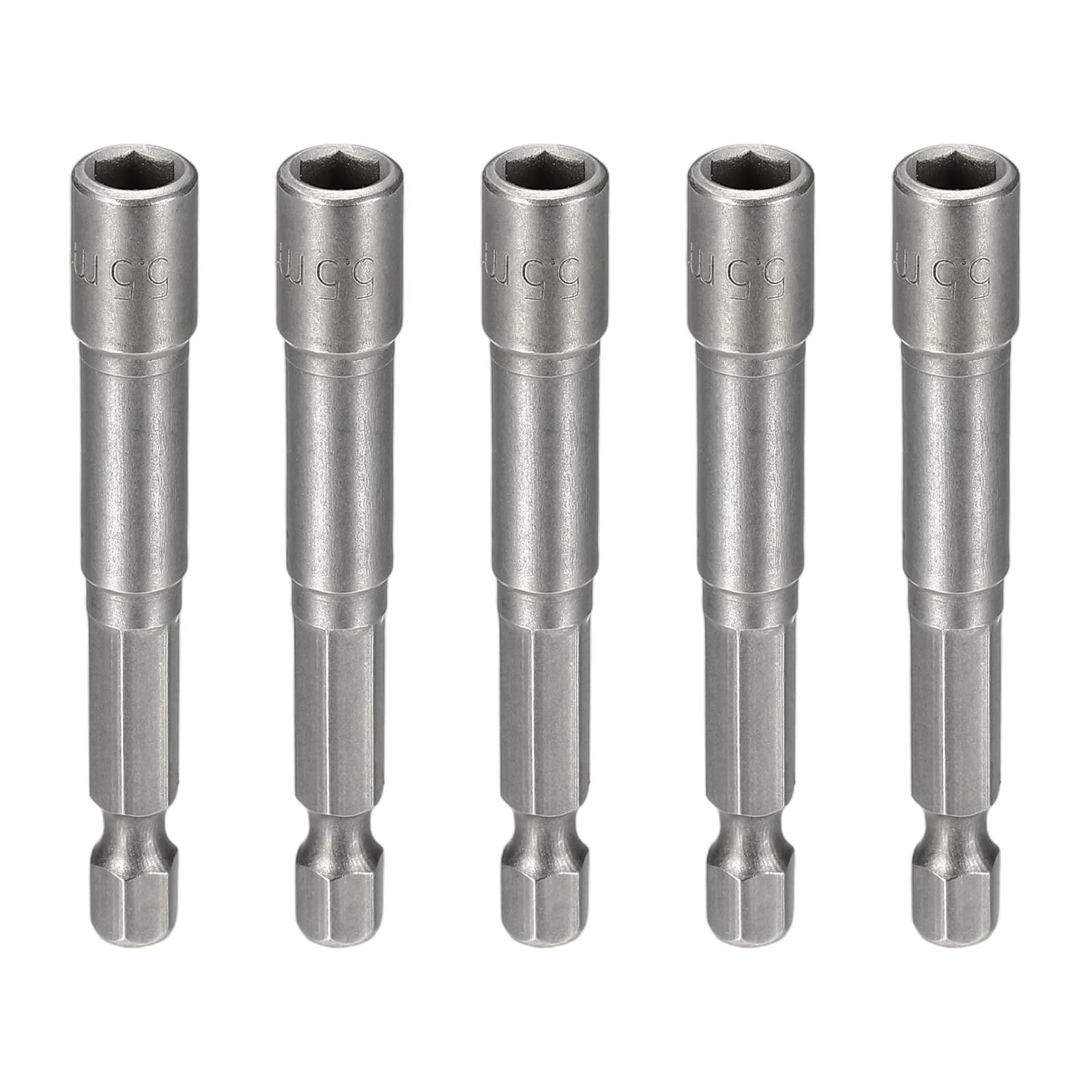 sourcing map 5pcs Nut Driver Drill Bit 5.5mm Metric Socket 1/4" Hex Shank 2.56" (65mm) Magnetic 6-Point Sockets Quick Change Cr-V Steel Bolt Setters for Power Drill Drivers, Gray