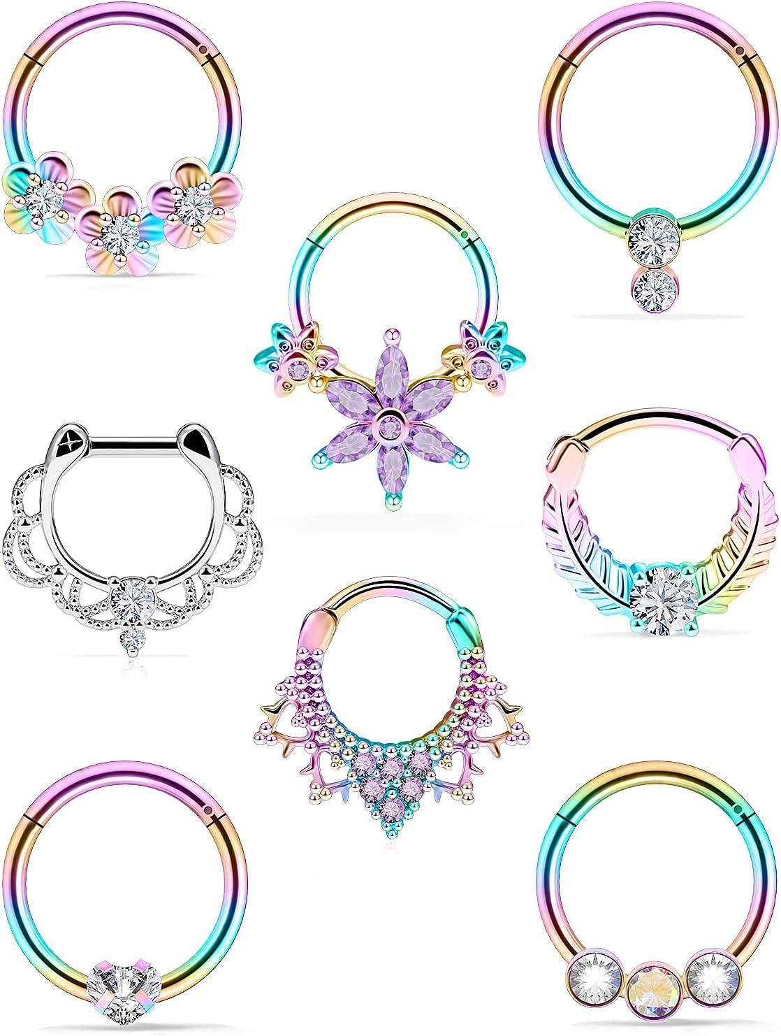Septum Nose Rings Daith Earrings 16g Clicker Piercing Jewelry Hypoallergenic Rainbow Rose Gold Surgical Steel for Women Men