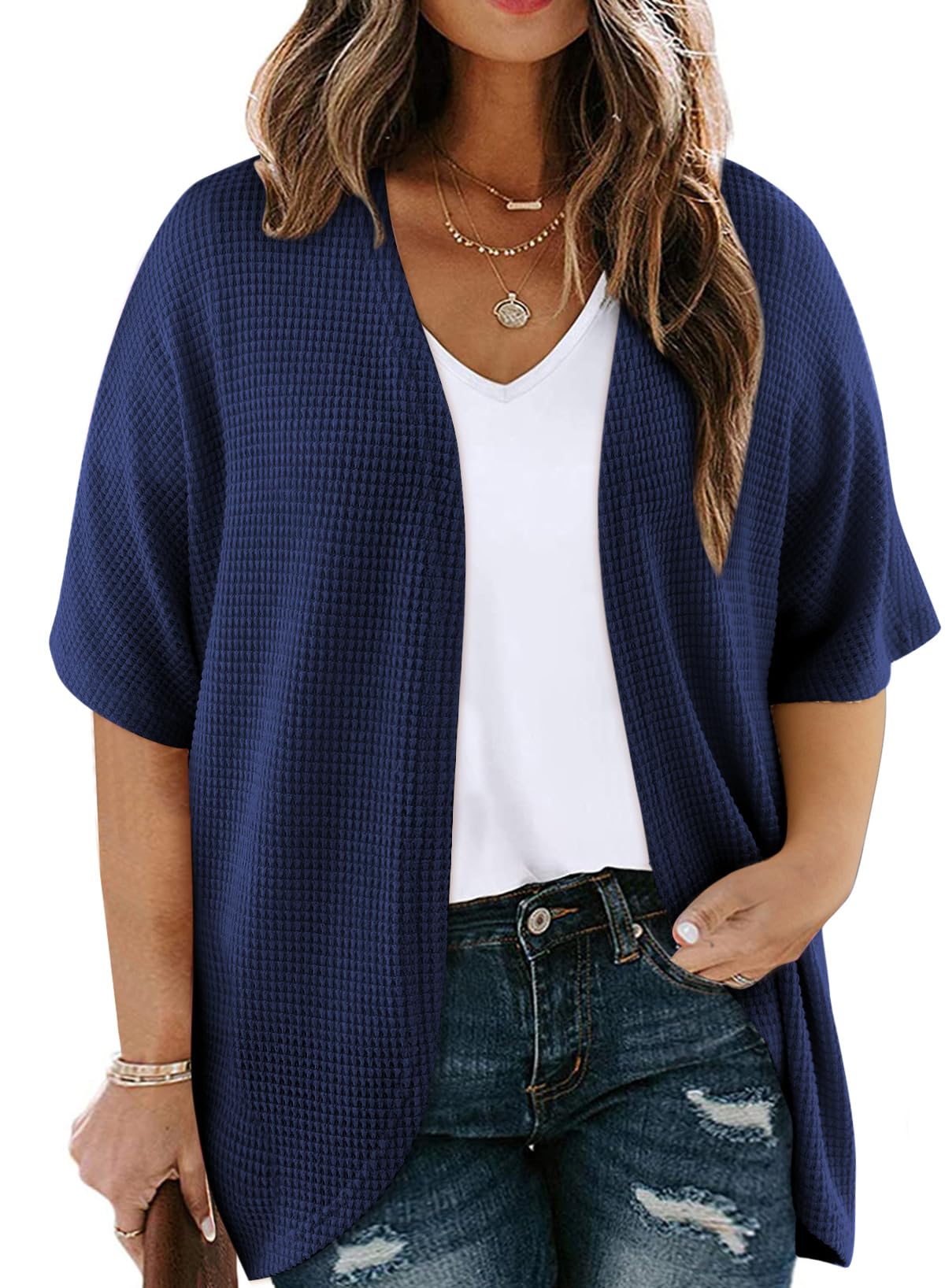 EytinoWomens Plus Size Cardigan Casual Short Sleeve Waffle Knit Kimono Open  Front Tops(1X-5X)