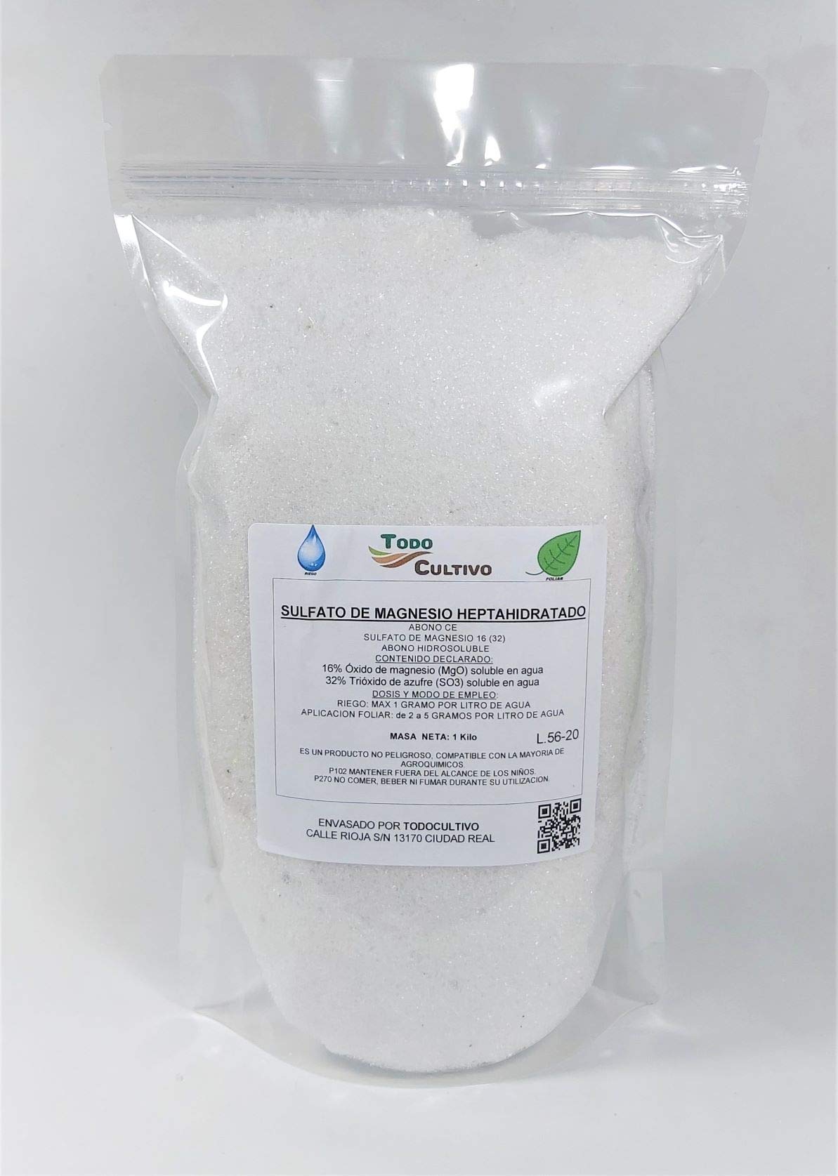 de Magnesio Puro (MG SO₄·7H₂O). Sal de Epsom. 1 Kg. Muy Utilizado en Cultivo de Flores como la Rosa, cítricos, frutales, hortalizas, Ornamentales.