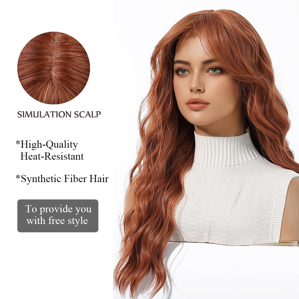 OUFEI Auburn Long Wavy Wig for Women with Curtain Bangs Natural Curly Synthetic Hair Heat Resistant Wigs for Daily Party Cosplay Wear - Image 3