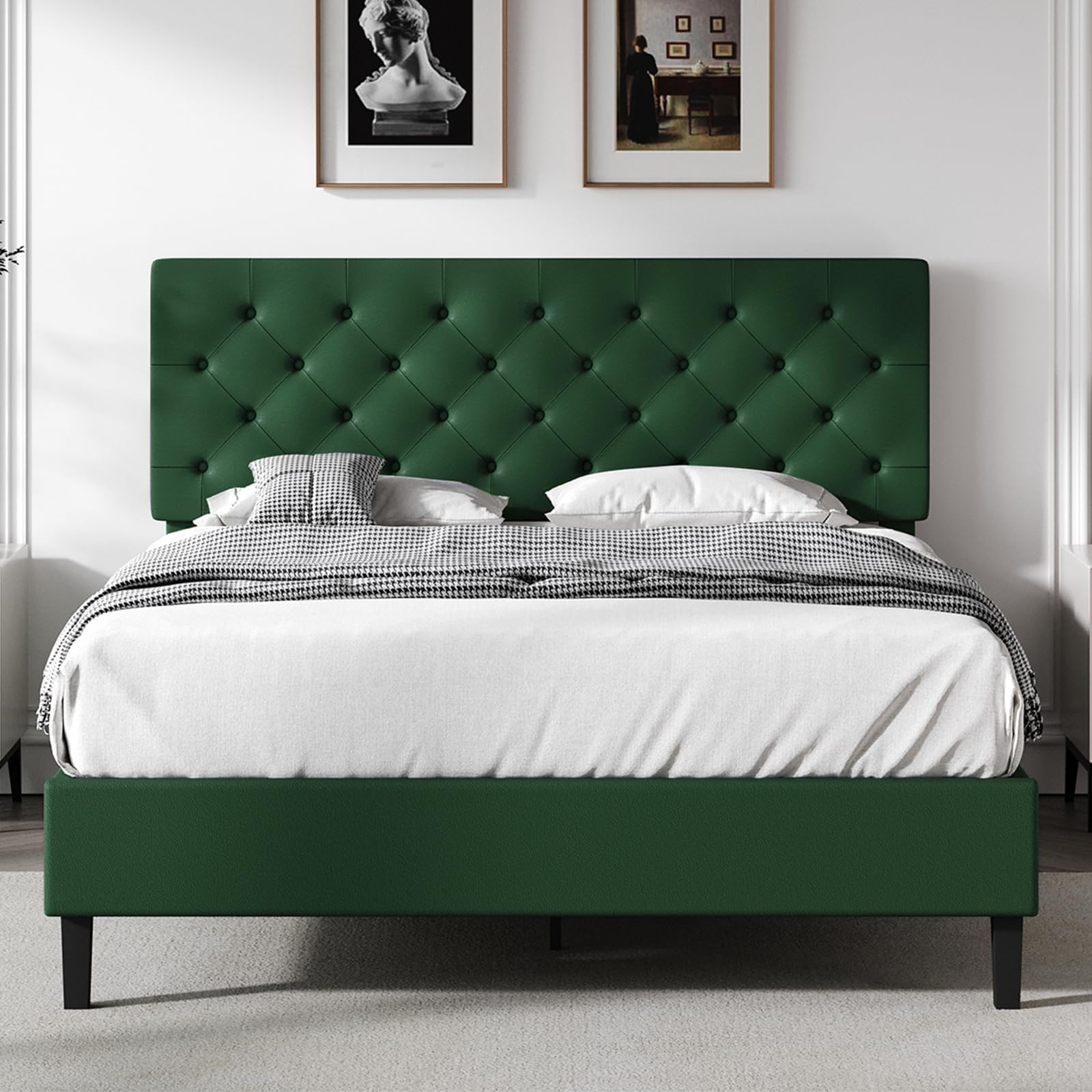 REVOMINCA Full Bed Frame with Headboard, Faux Leather Upholstered Platform Bed Frame, Green Bed Frame Full Size, Wooden Slat Support, No Box Spring