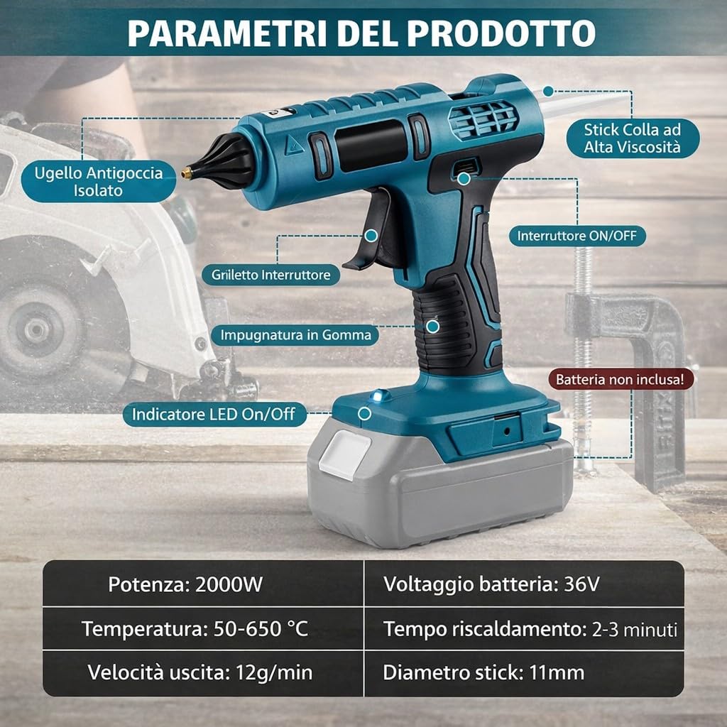Pistola Colla a Caldo a Batteria 36V 2000W Termocollante Ricaricabile Riscaldamento Rapido con Doppia Batteria Stick 11mm per Fai da Te e Riparazioni