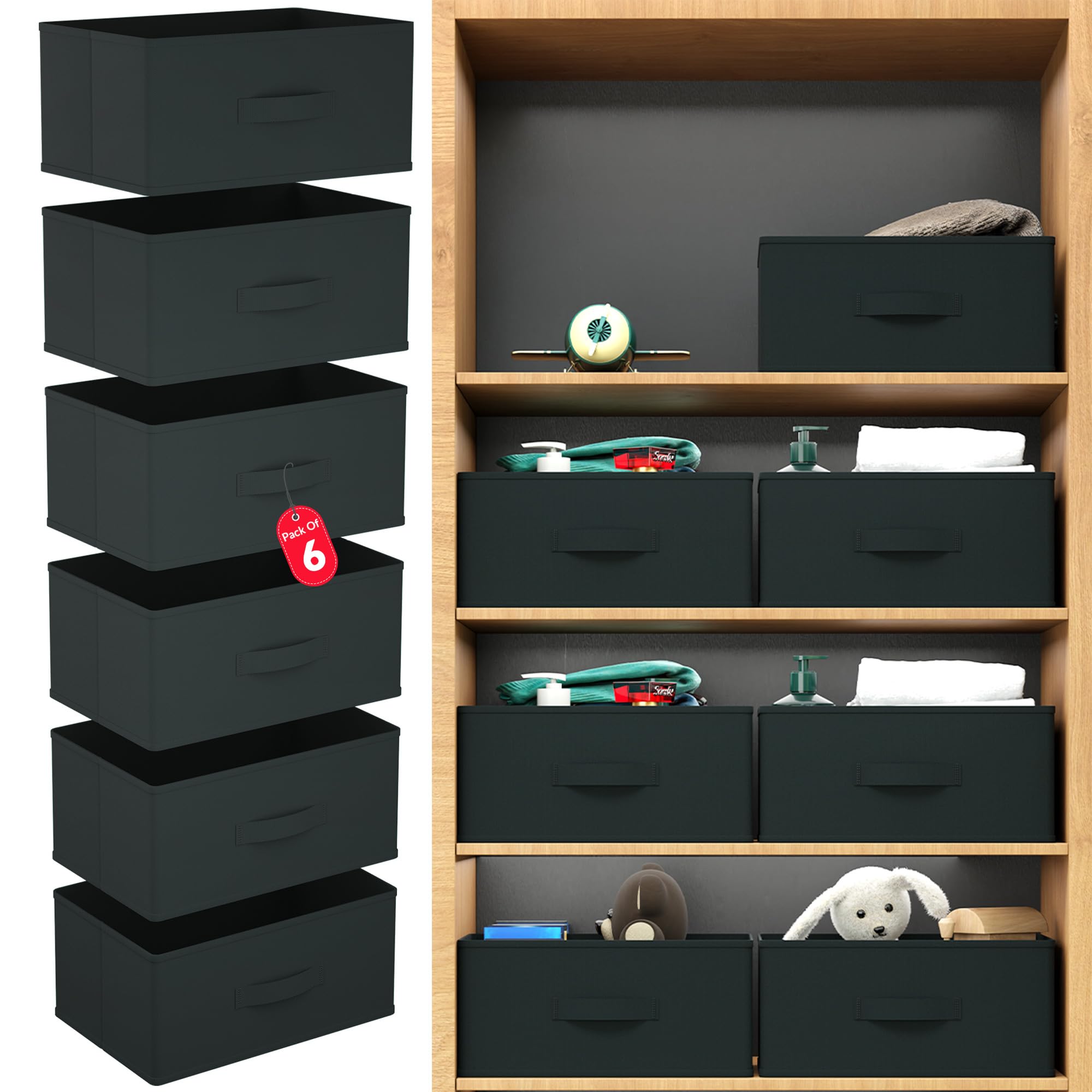Kuber Industries Organizzatore per armadio in tessuto non tessuto, 26 litri, organizer per cassetti, organizer multiuso per vestiti, libri e giocattoli, 6 pezzi, nero