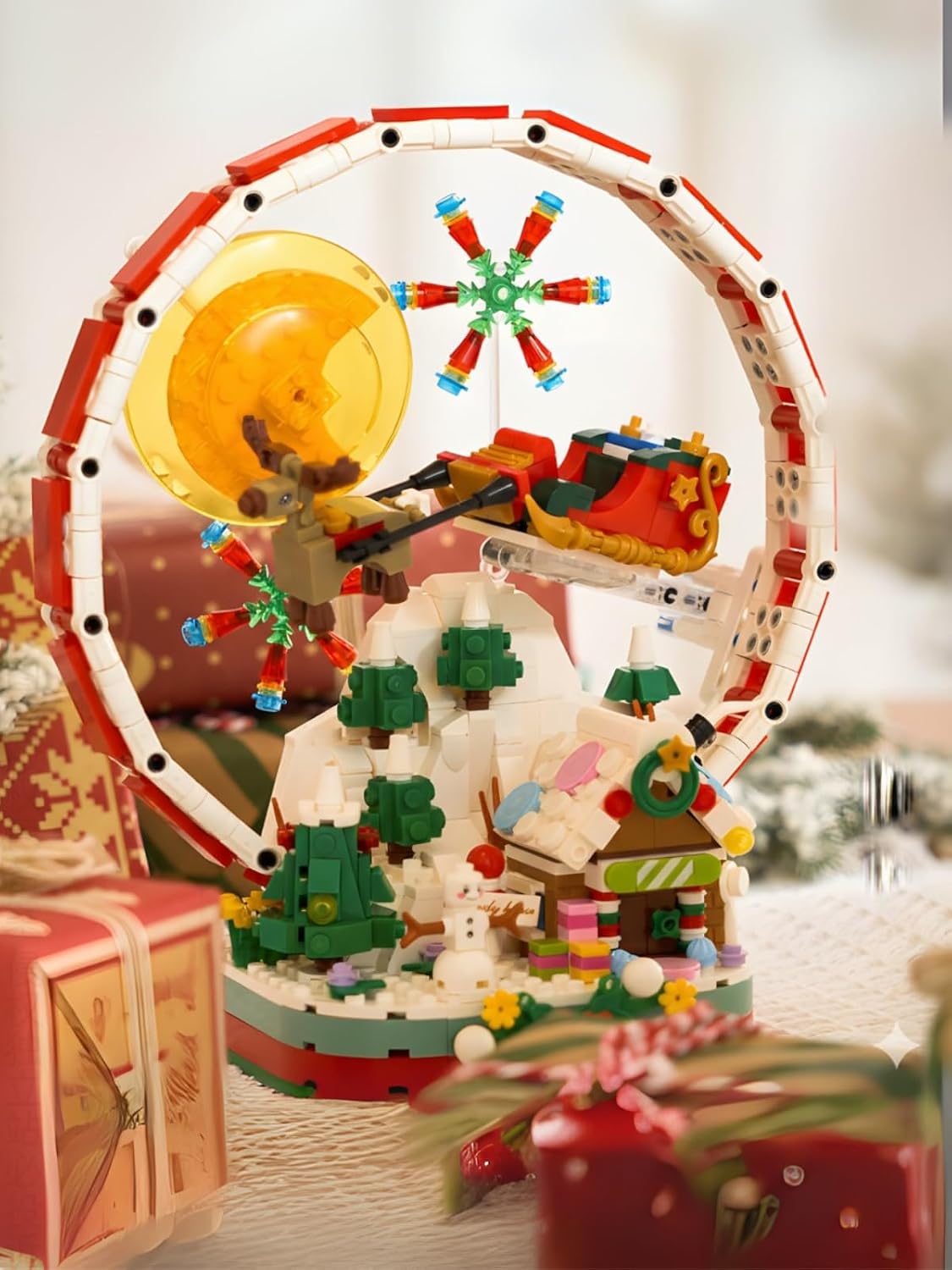 2026 Winter Snow Globe Light Building Set - Shiny Festive Santa Sleigh with Reindeer, Candy House & Snowman Under Moon - Compatible with Major Brands - Ideal for Kids & Adults