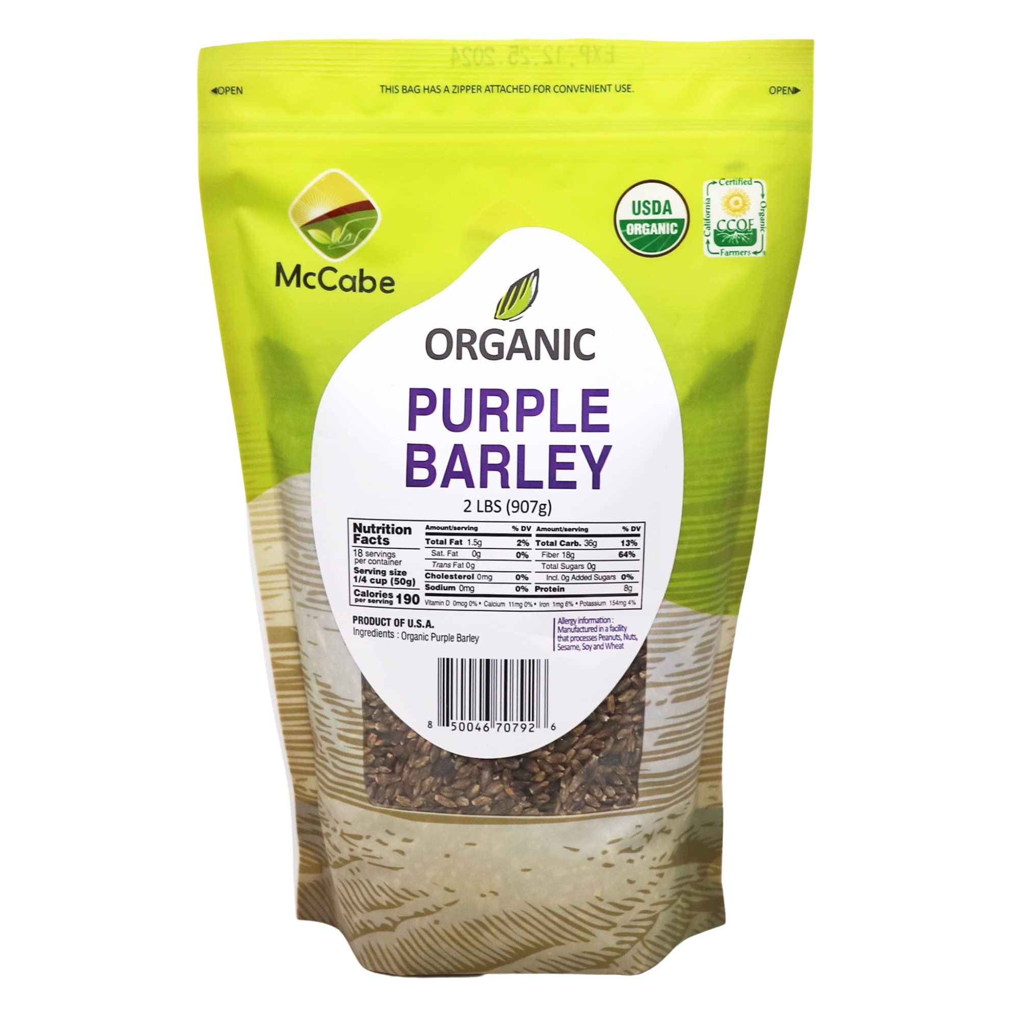 McCabe Organic Purple Barley - Purple Barley Organic | Rich with Fiber & Minerals | USDA and CCOF Certified | Product of USA | 2Lbs