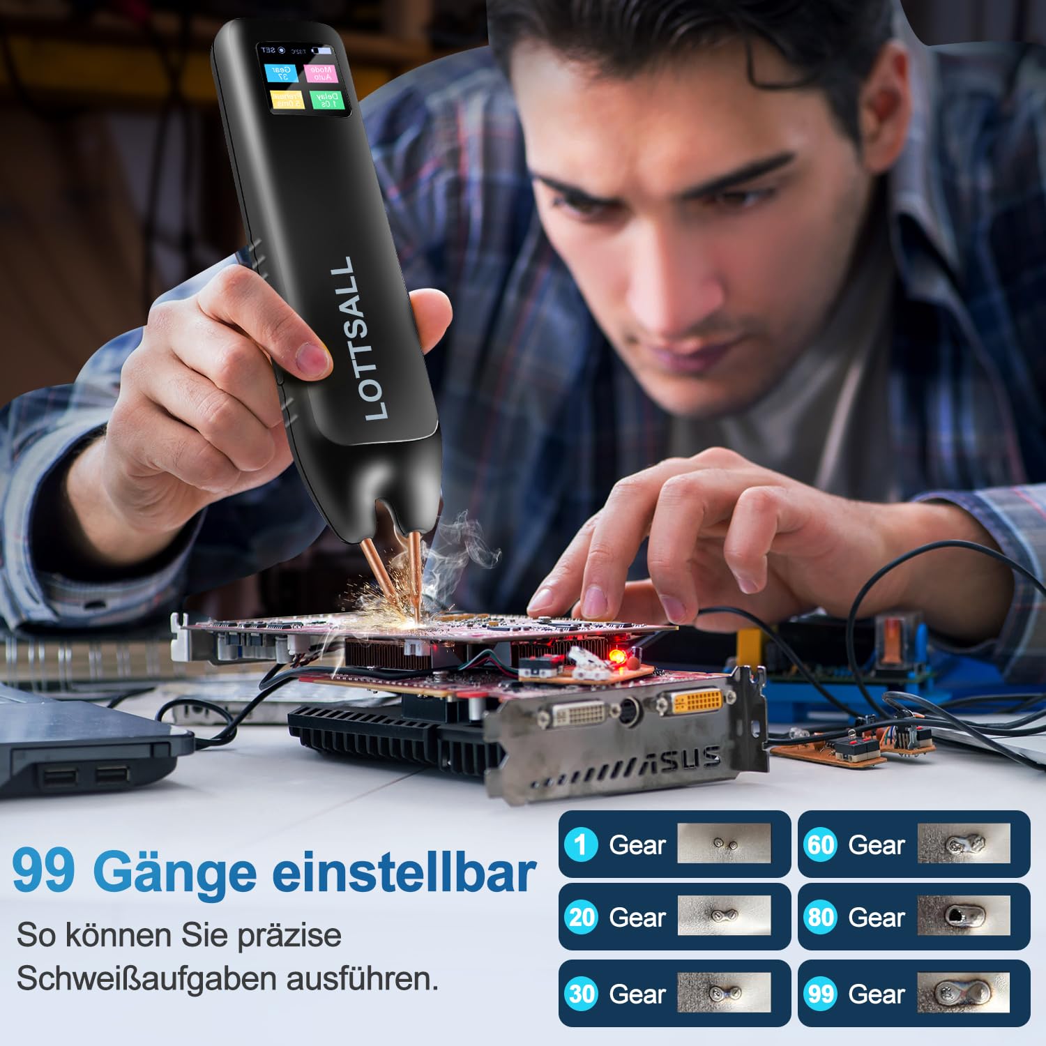 Handheld Akku Punktschweißgerät mit Automatischen und Manuellen Modi, 99 einstellbaren Geschwindigkeiten für DIY-Akkupacks, LED-Anzeige