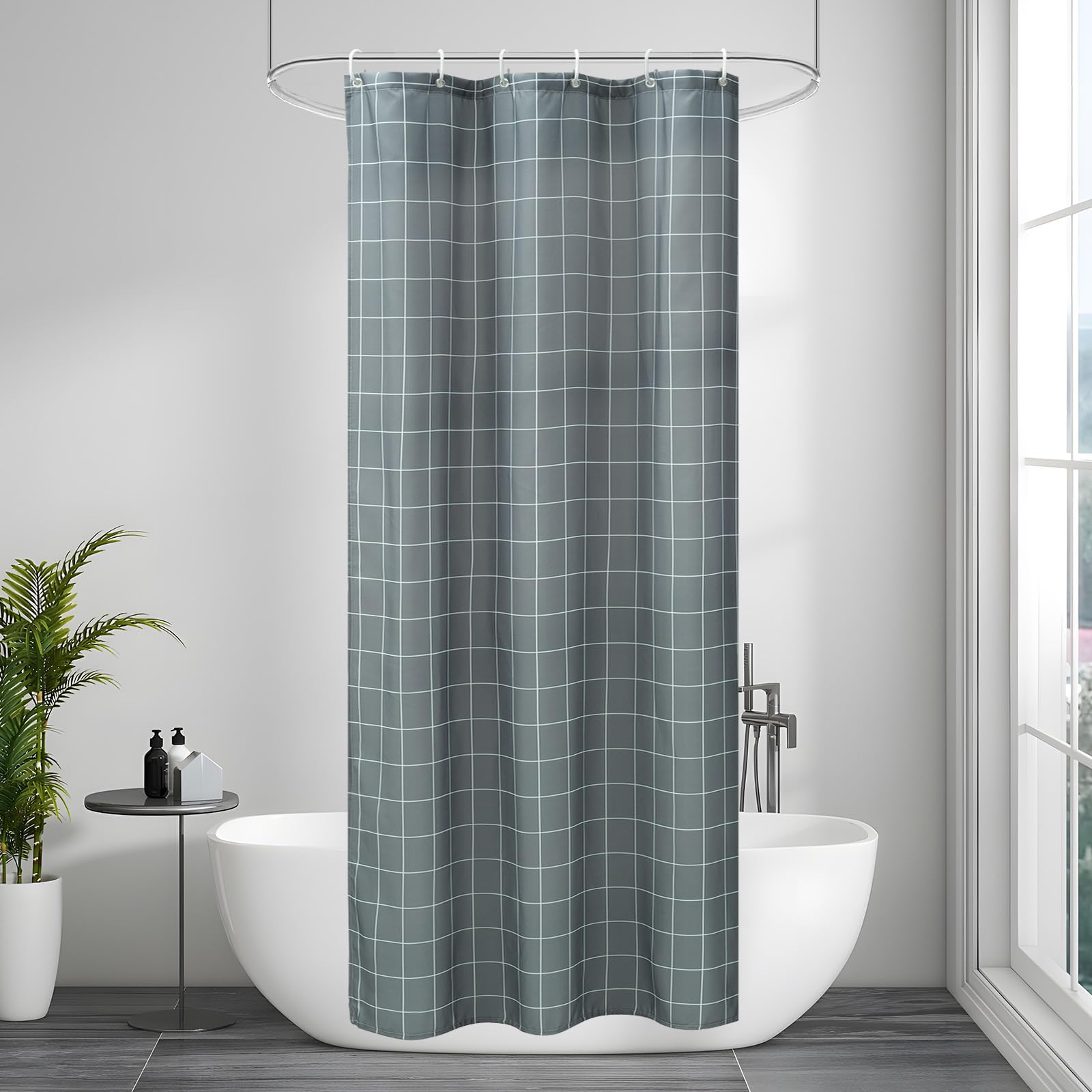 AooHome 36 x 72 Grey and White Fabric Small Shower Curtain, Plaid Pattern Modern Farmhouse Bathroom Boho Shower Curtain Liner with Hooks, Heavy Duty,