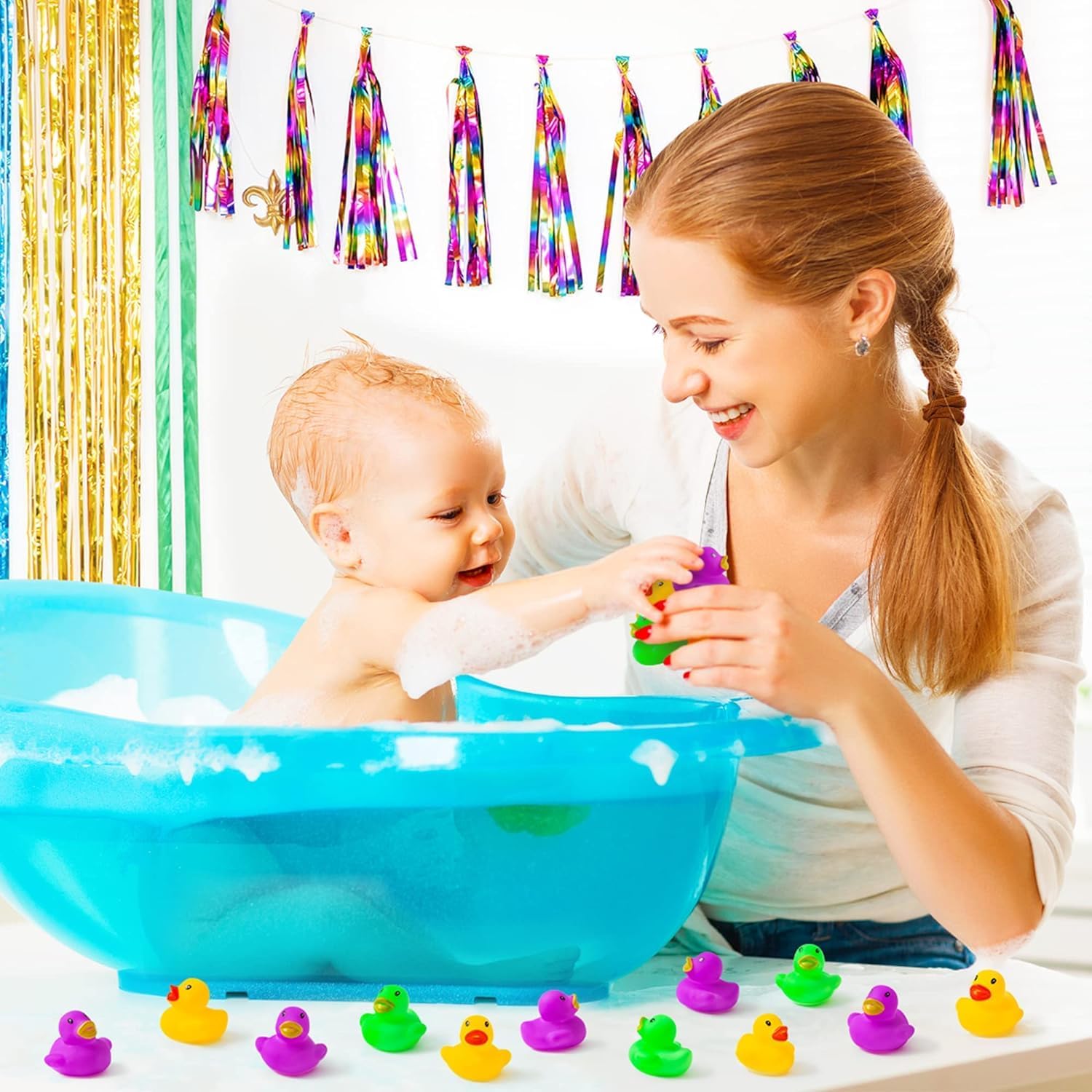 Haooryx Mardi Gras Rubber Ducks - 60Pcs Mini Bath Toys Colorful Miniatures Tiny Ducks Squeak Bathtub Float Ducky Mardi Gras Carnival Party Favors Game Reward Baby Shower Birthday Pool Party Decoration