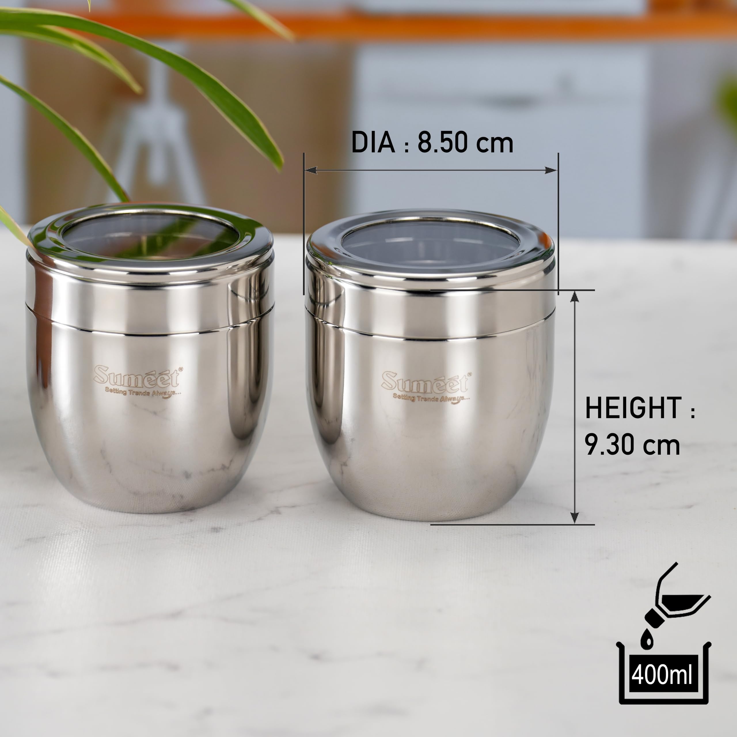 Sumeet Set di 6 contenitori conici in acciaio inox, per cucina con coperchio trasparente, 400 ml ciascuno, diametro 8,5 cm, argento