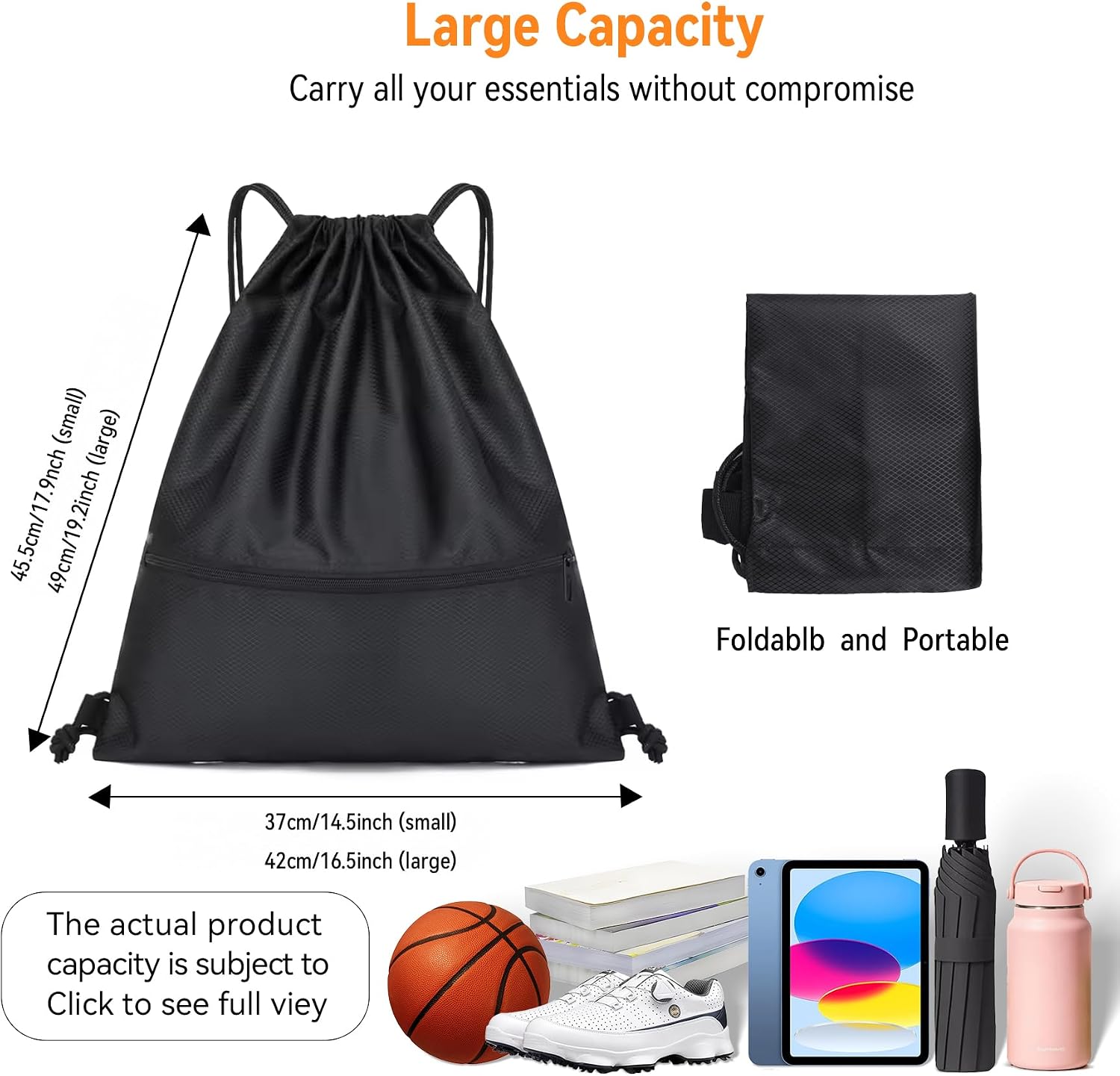 Drawstring Backpack Bag, Water Resistant Fabric Gym Sack (Black, Small)