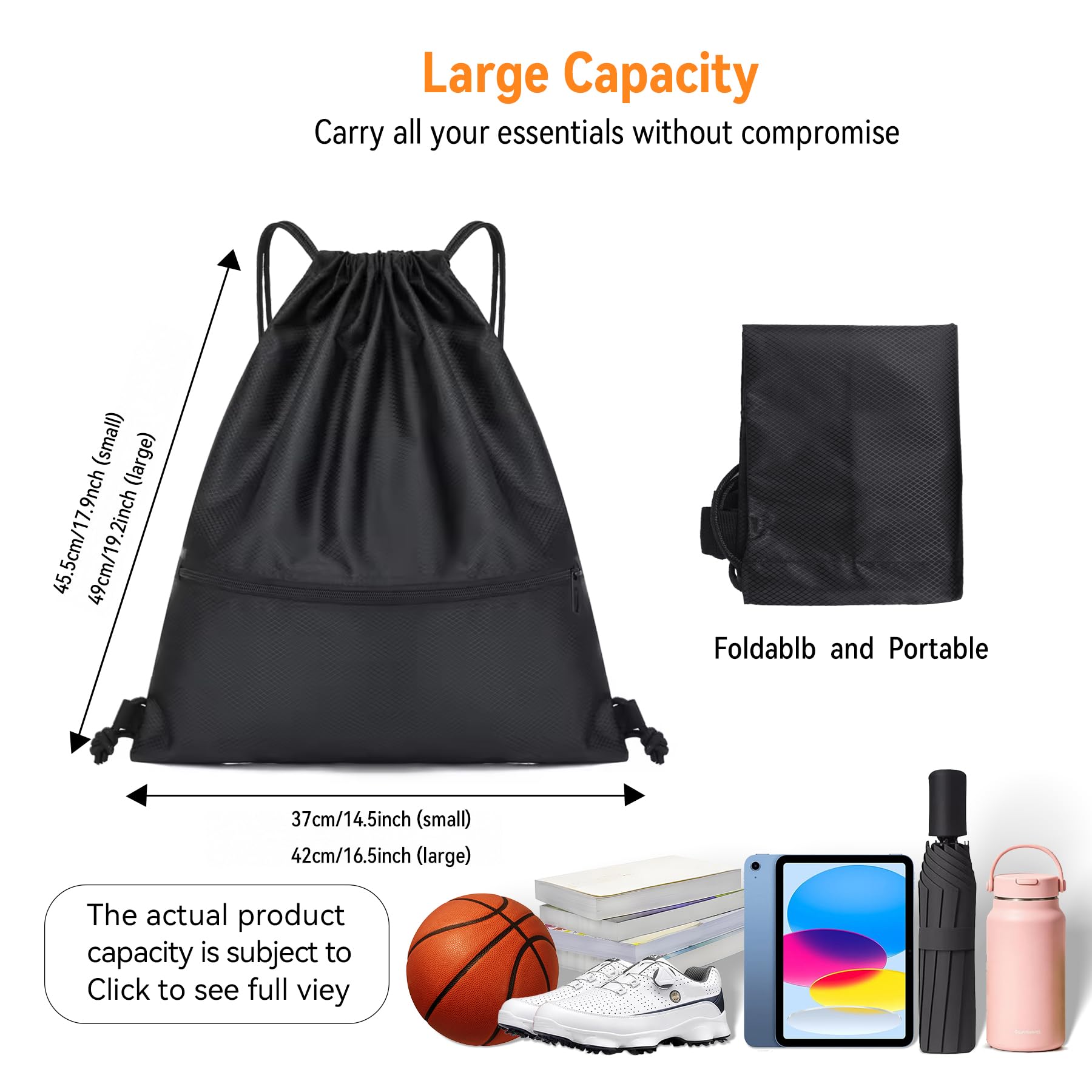 Arae Wasserdichter Drawstring Rucksack aus Oxford-Stoff mit Vortasche, Leichter Sportbeutel für Fitness und Reisen, Schwarz, L