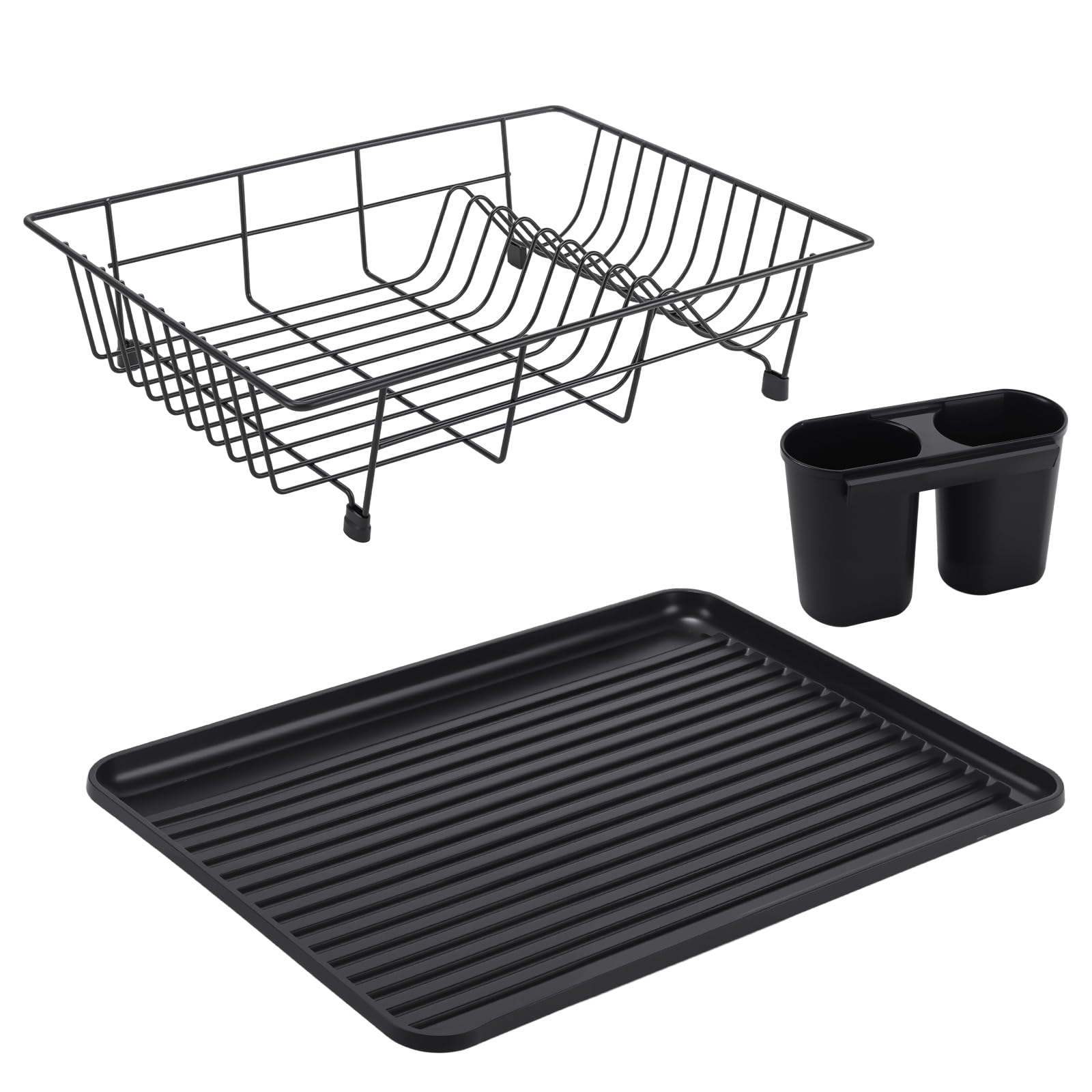 SINJEUN Paquete de 2 escurridores de platos, escurridor de fregadero, bandeja de goteo, escurridor de cocina para secado de fregadero, color negro