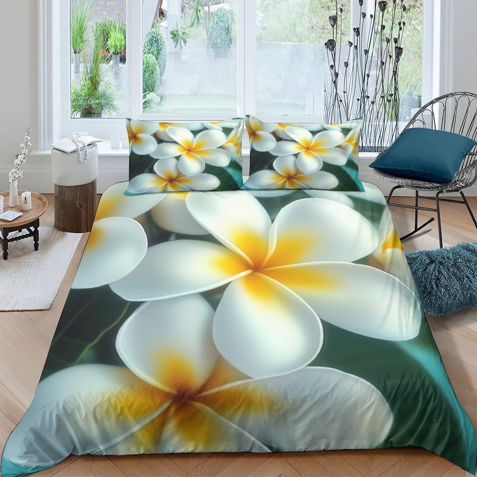 Ctjqhvkz Style-1 3D Printed Plumeria Blossom Fitted Sheet Microfiber Soft Yellow White Flower Mattress Cover Bedroom Decor Single（135X200cm）