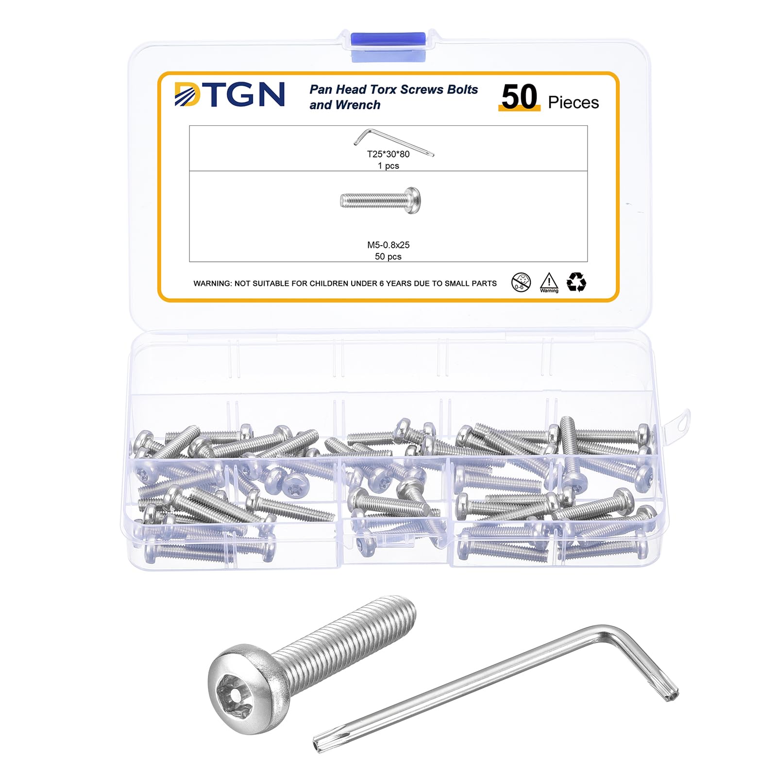 DTGN M5x25mm Pan Head Torx Security Screws, 50Pack, Good for Machinery