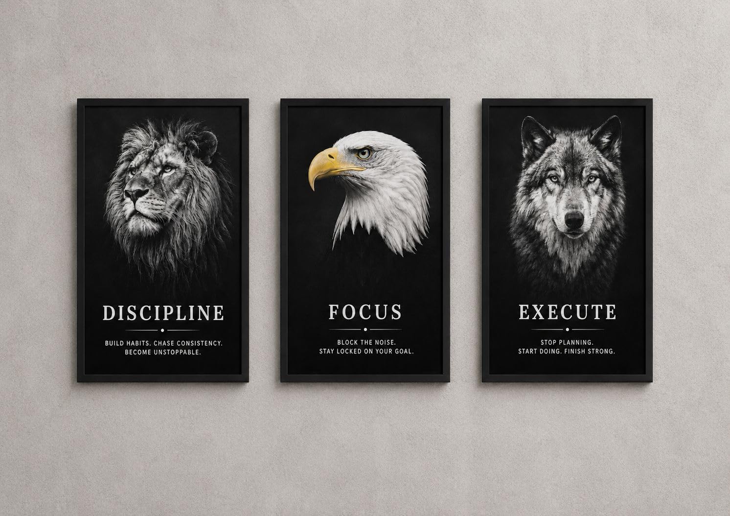 Motivational Wall Art Frames Set of 3 for Office & Gym | Discipline Focus Execute Posters with Lion Eagle Wolf | Modern Inspirational Wall Decor (8x12 Inch)-image-16
