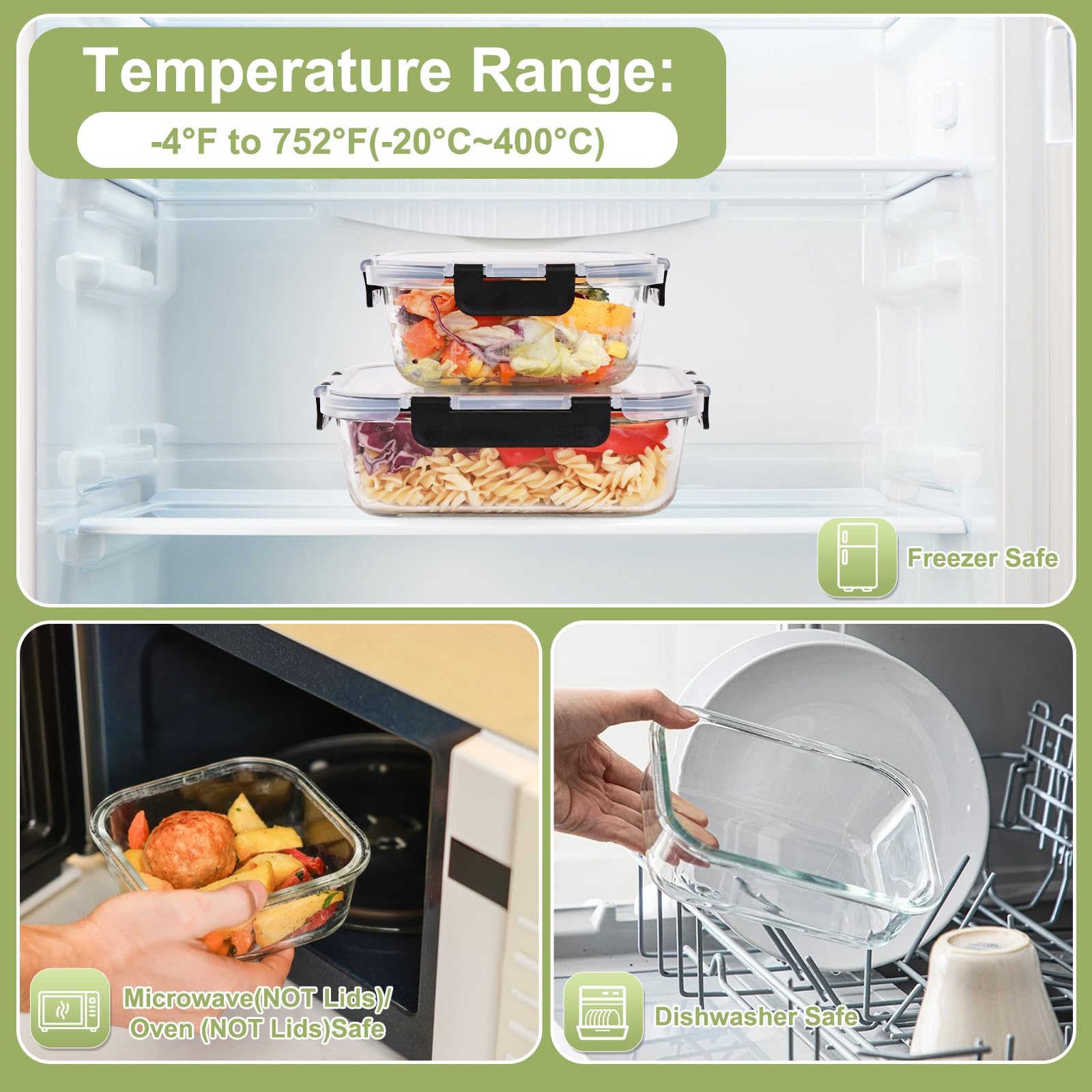 Frischhaltedosen aus Glas mit Deckel, luftdichte Bento-Boxen mit auslaufsicherem Verschluss für Mikrowelle, Backofen, Gefrierschrank und Spülmaschine, BPA-frei, 8 Stück