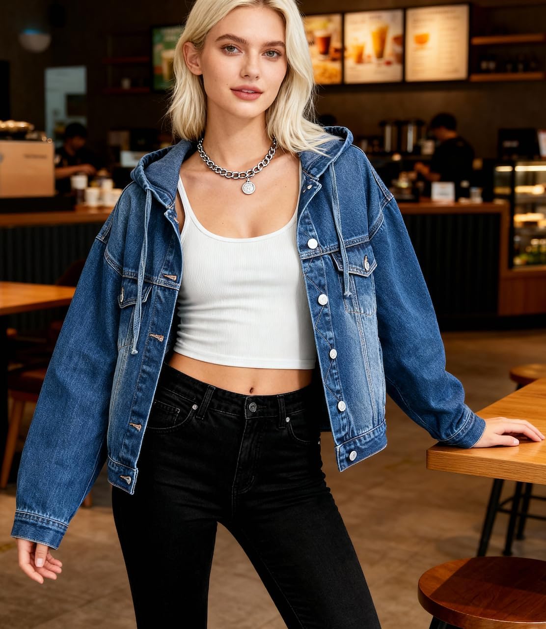 EMMIOL Womens Jean Jackets Long Sleeve Double-breasted Button Casual Denim Coat with Pockets - Image 2